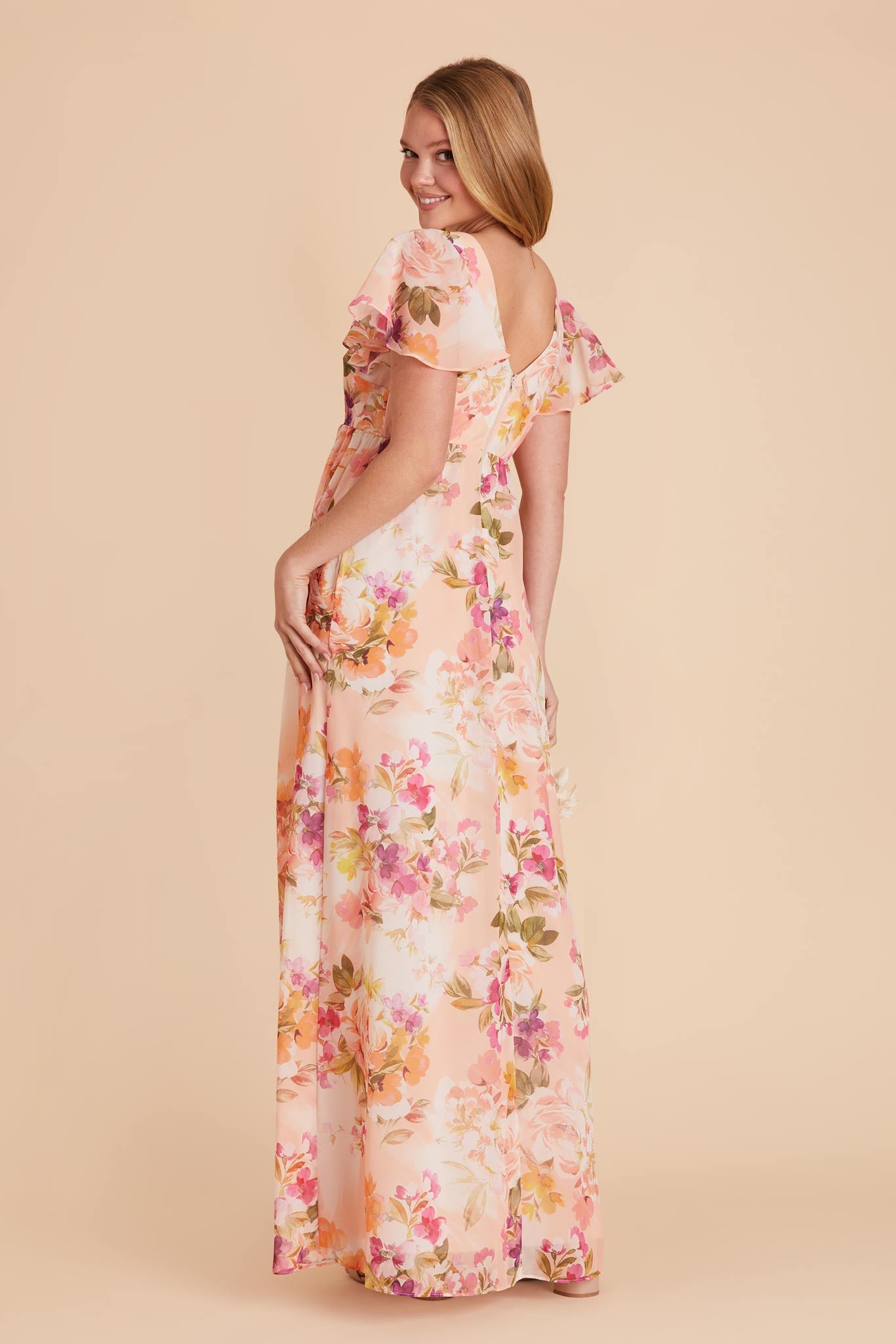 Coral Sunset Peonies Hannah Empire Dress by Birdy Grey