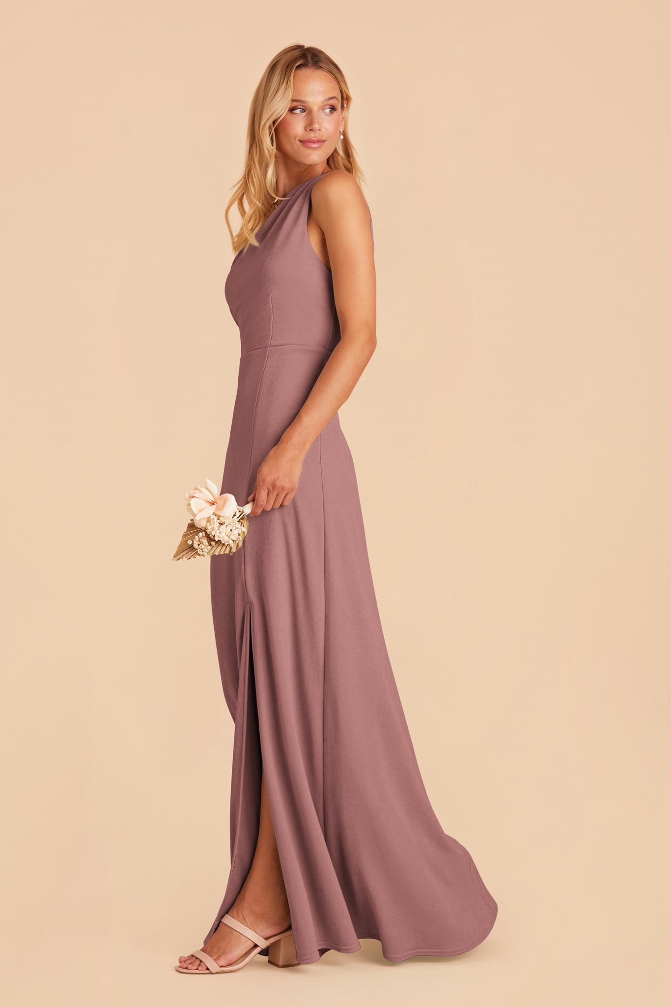 Kira bridesmaid dress with slit in dark mauve crepe by Birdy Grey