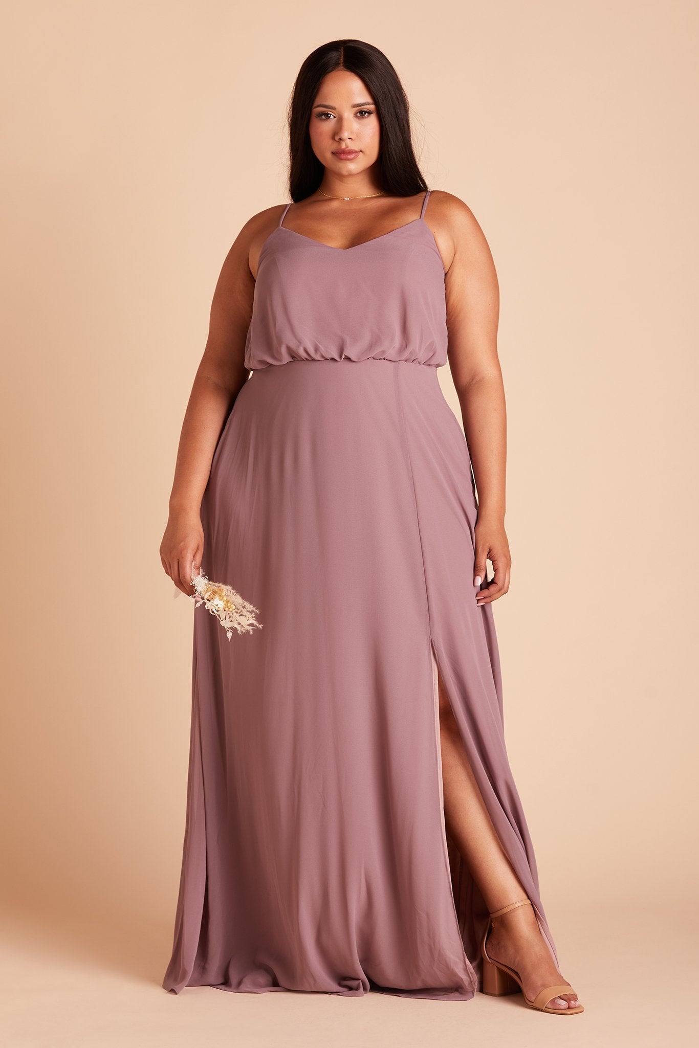 Gwennie plus size bridesmaid dress with slit in dark mauve chiffon by Birdy Grey, front view