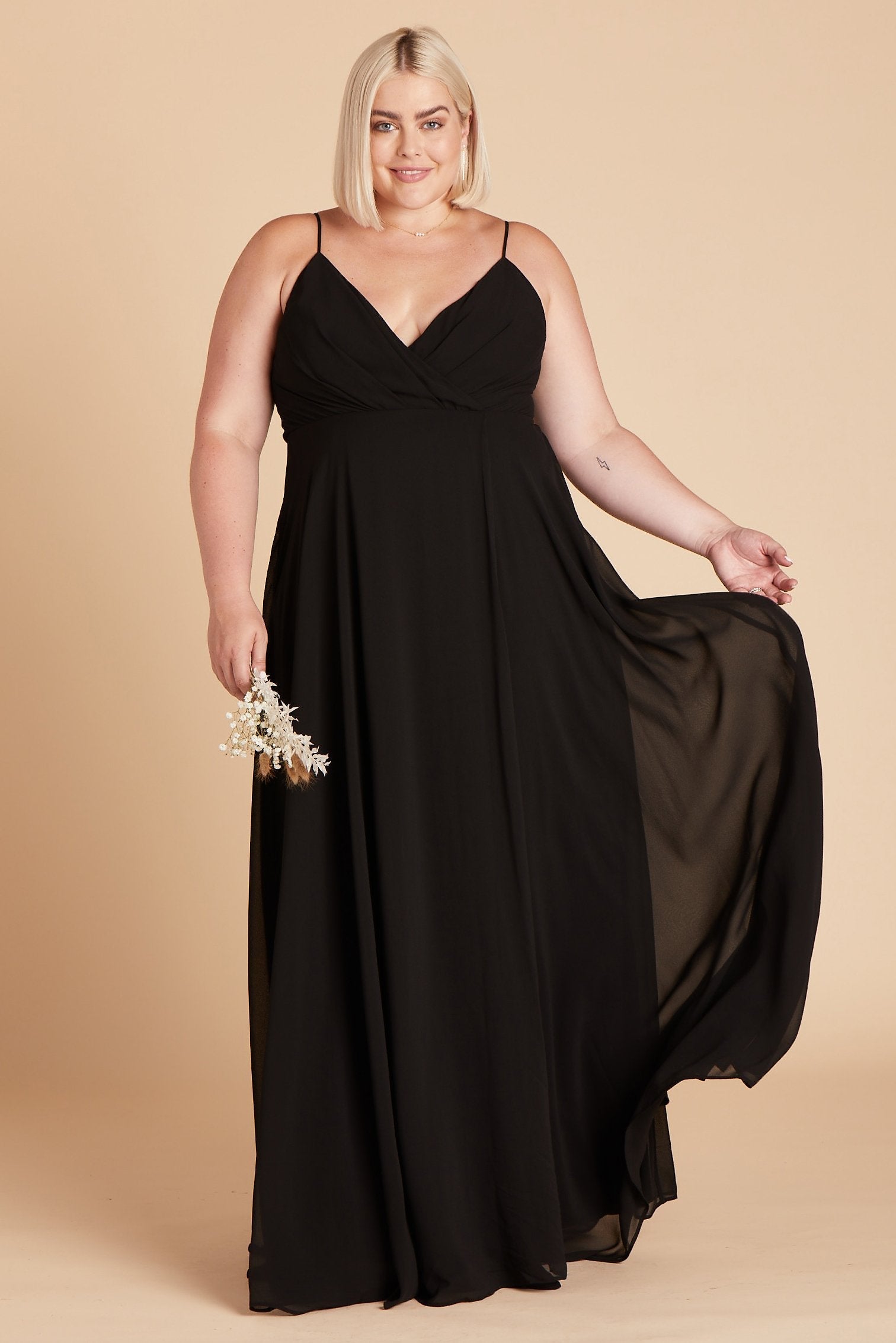 Kaia plus size bridesmaids dress in black chiffon by Birdy Grey, front view