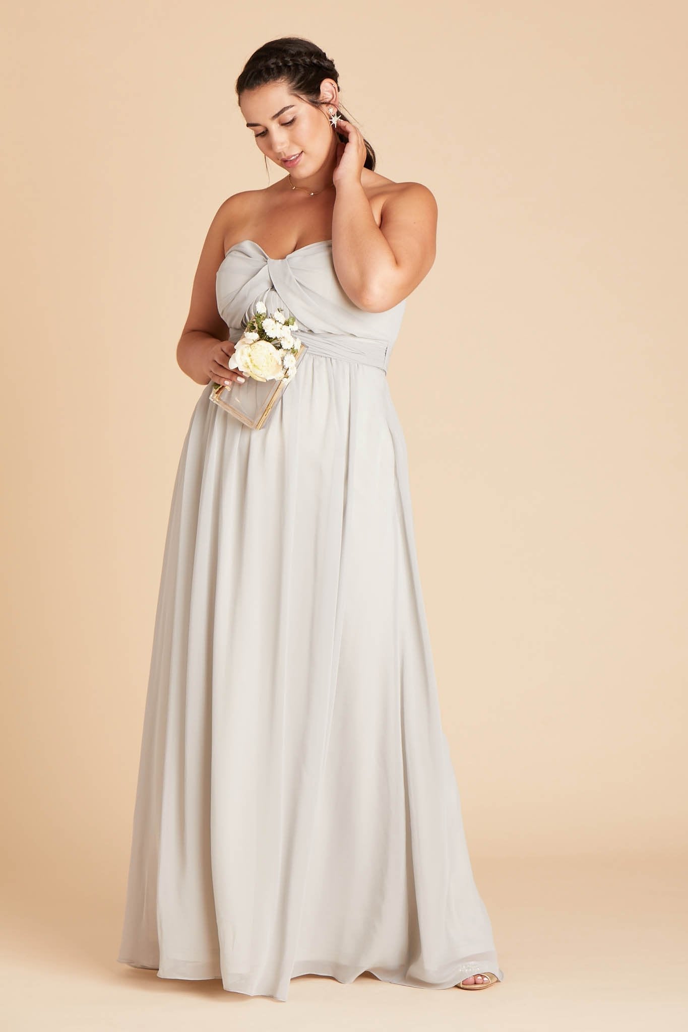 Grace convertible plus size bridesmaid dress in dove gray chiffon by Birdy Grey, front view
