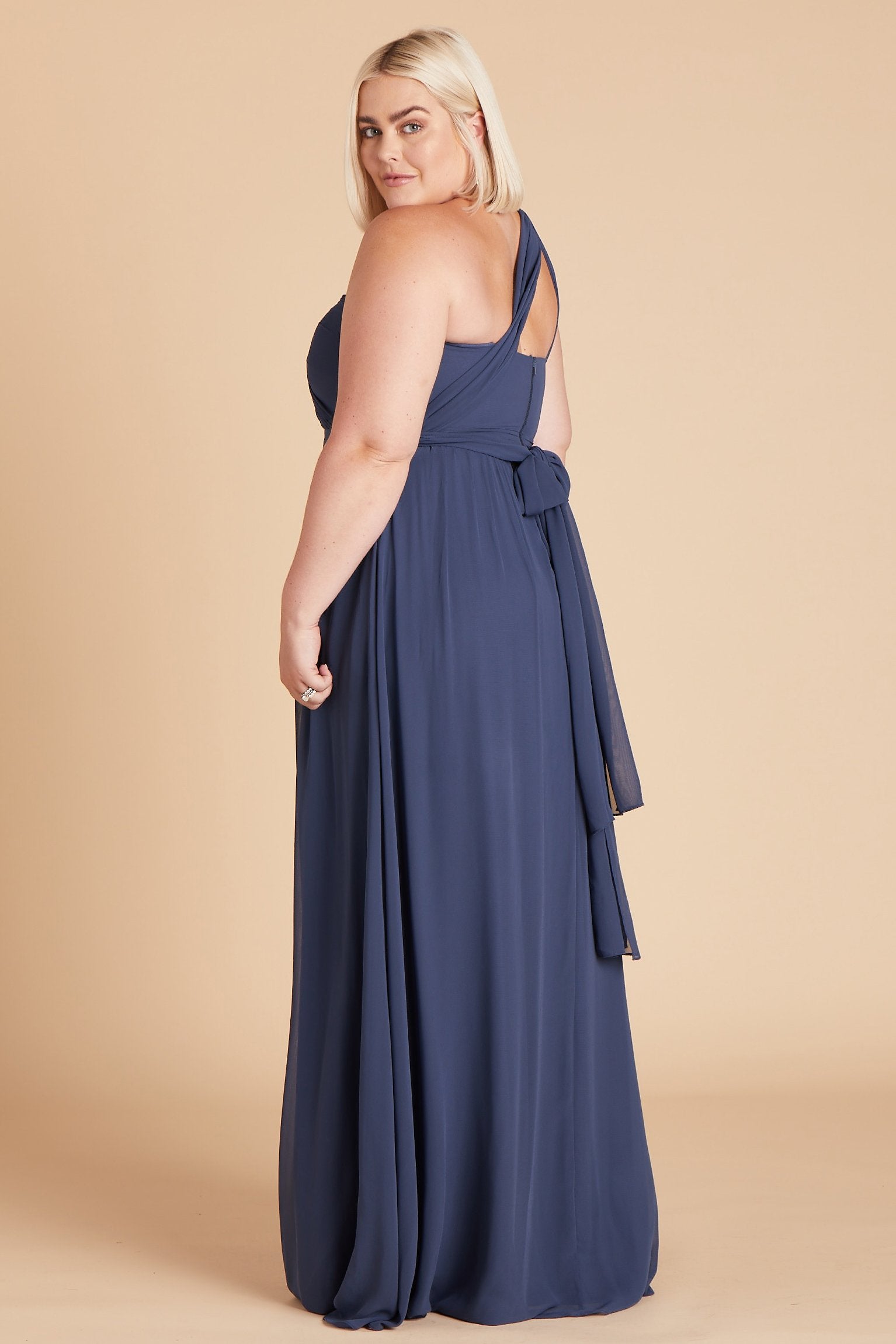 Grace convertible plus size bridesmaid dress in slate blue chiffon by Birdy Grey, side view