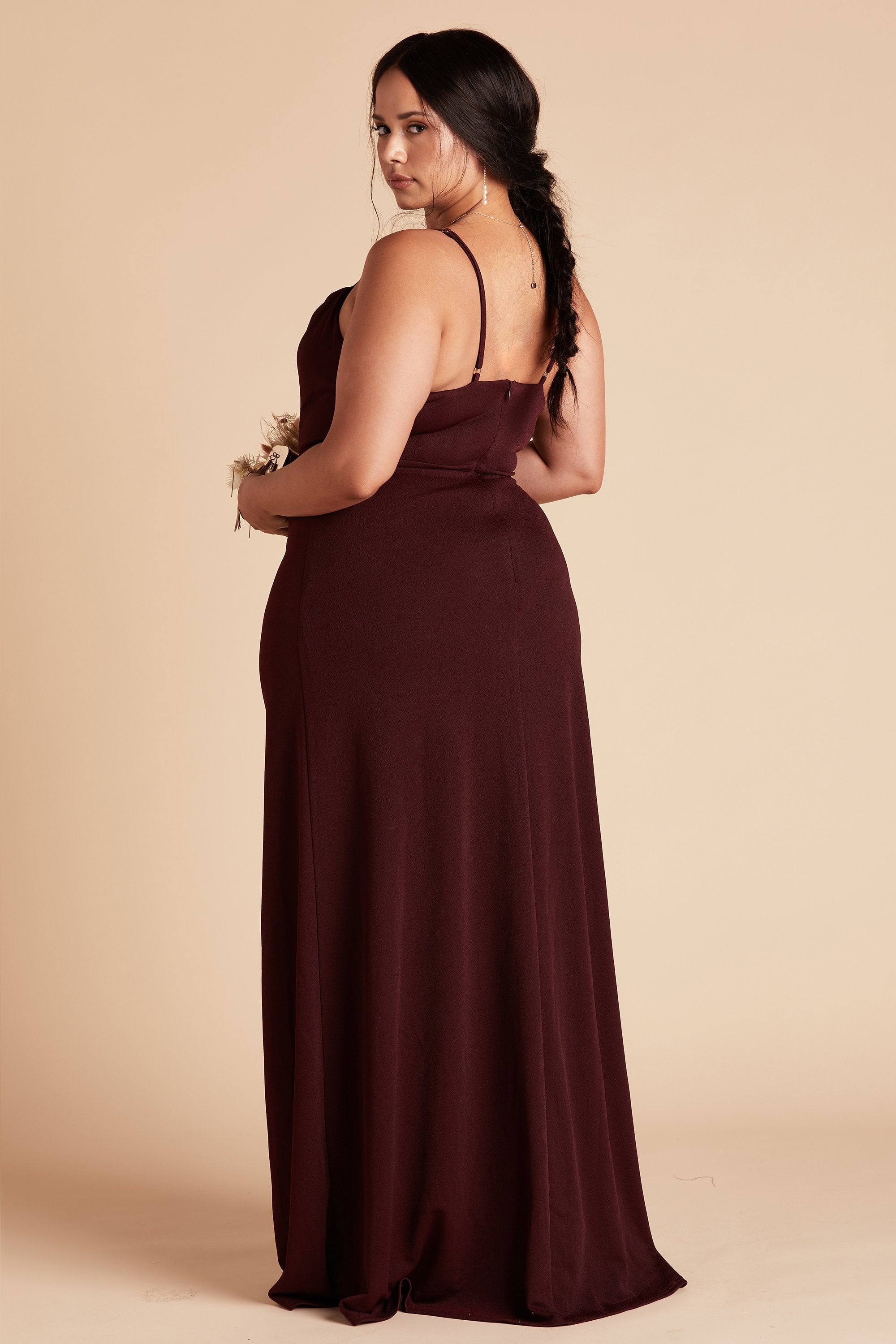 Ash plus size bridesmaid dress in cabernet burgundy crepe by Birdy Grey, side view