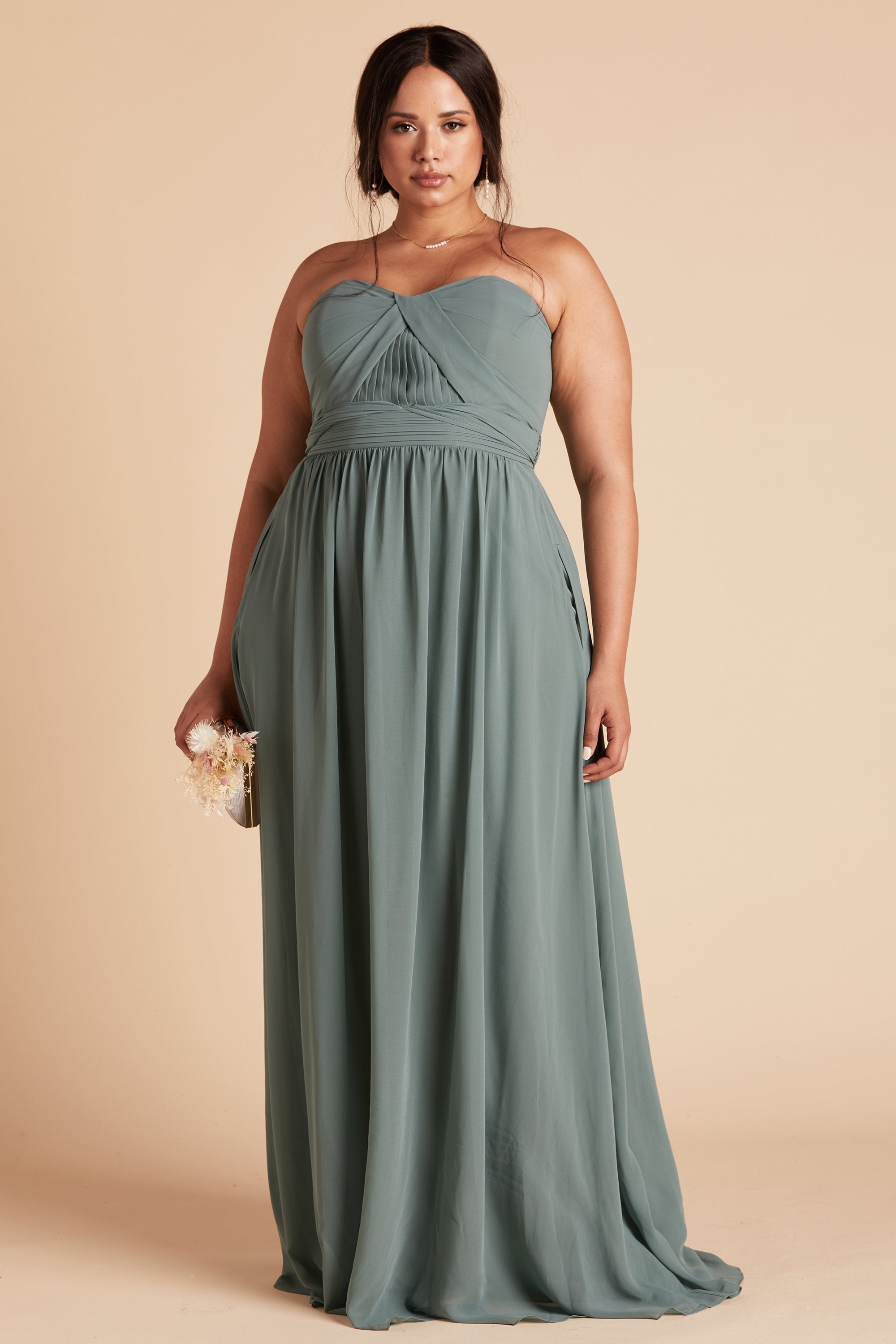 Front view of the Grace Convertible Plus Size Bridesmaid Dress in sea glass chiffon by Birdy Grey features a sweetheart neckline and a flowing floor-length skirt.