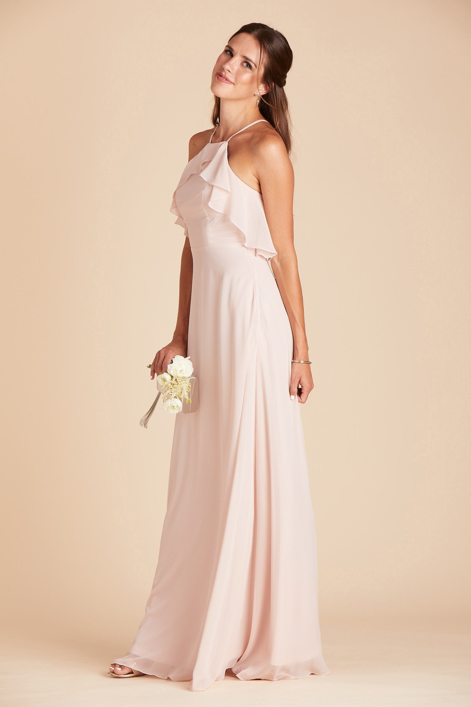 Jules bridesmaid dress in pale blush chiffon by Birdy Grey, side view