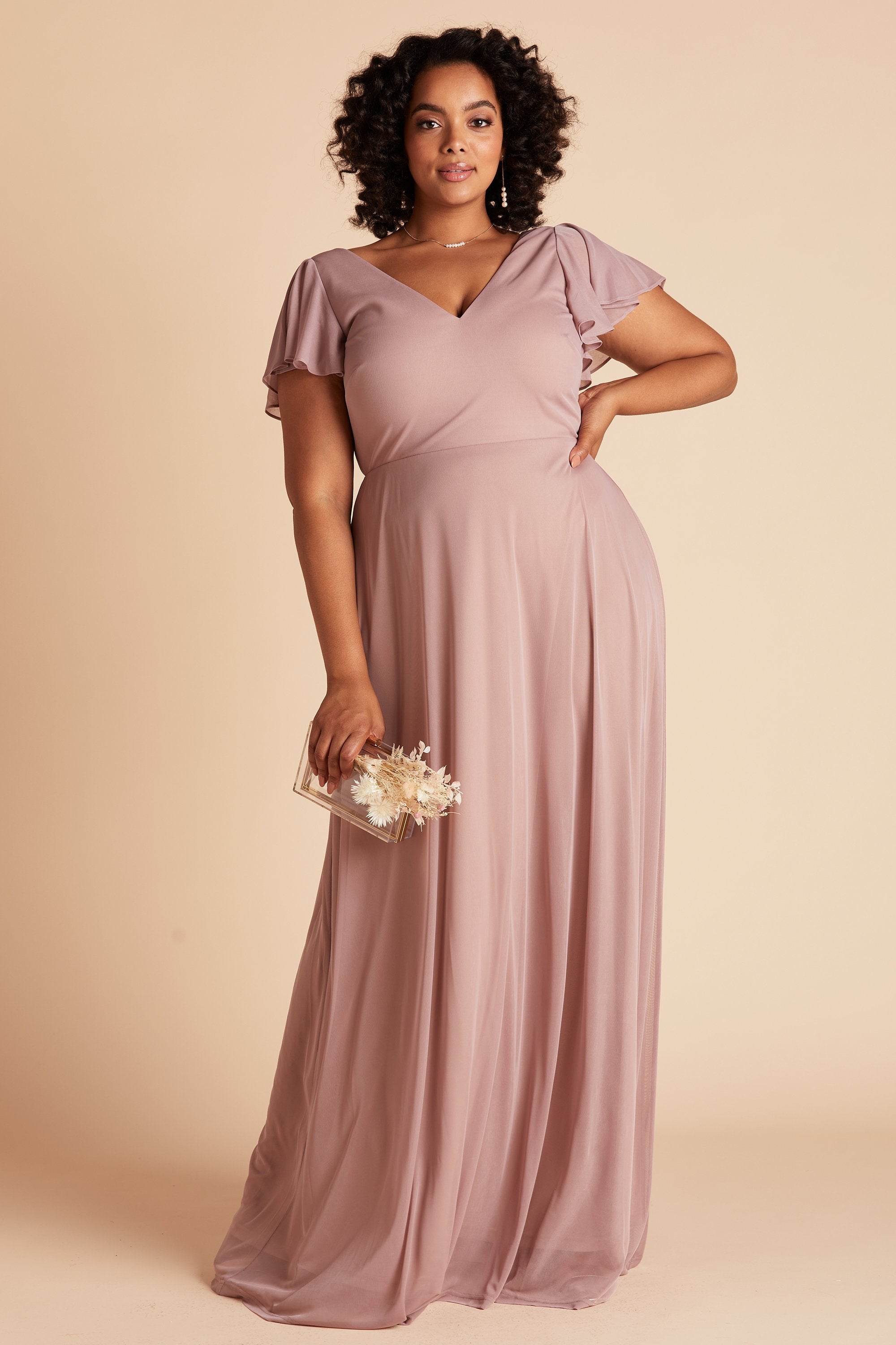 Hannah plus size bridesmaids dress in mauve mesh by Birdy Grey, front view