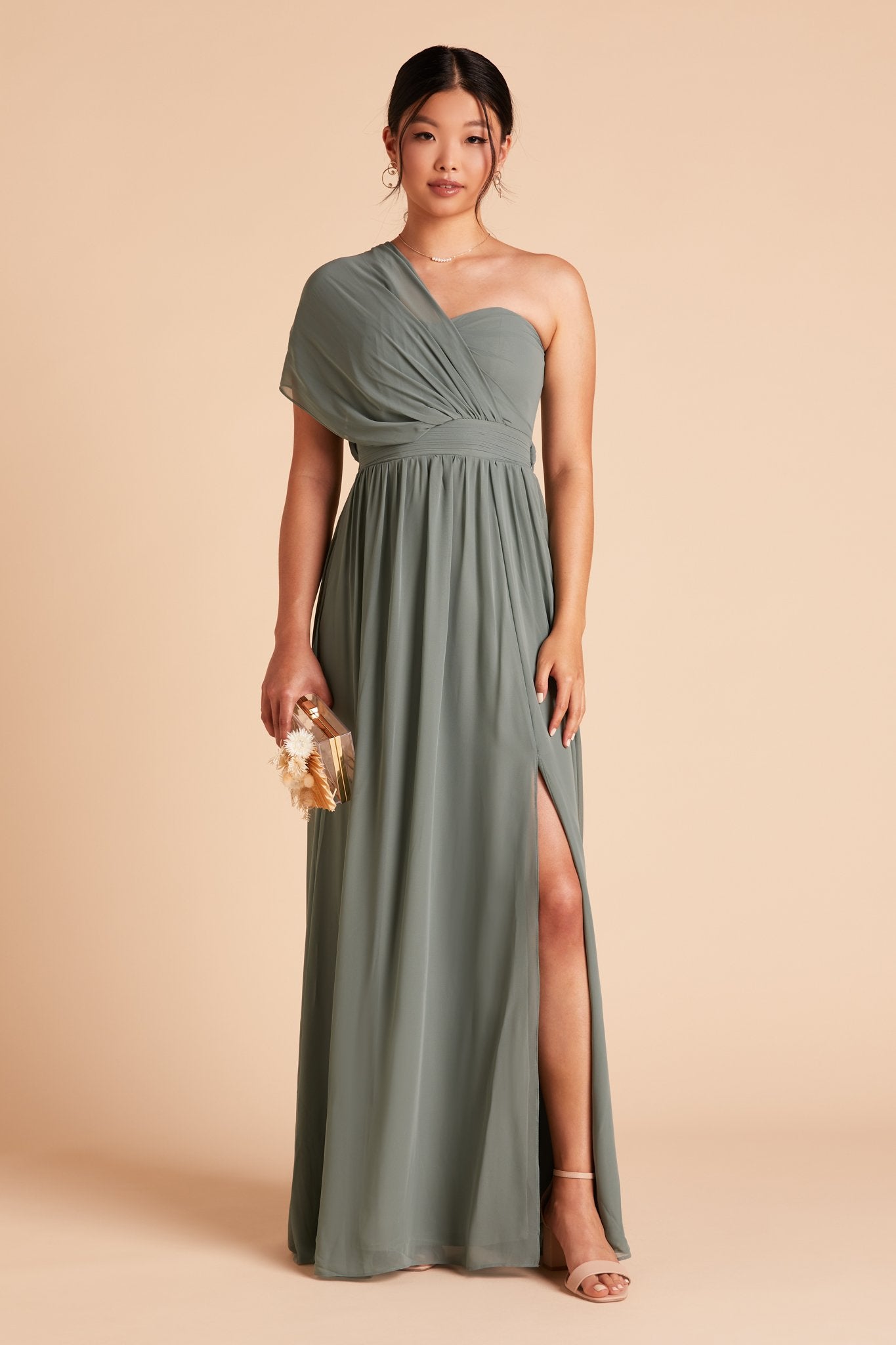 Front view of the floor-length Grace Convertible Bridesmaid Dress in sea glass chiffon with the streamers pulled over the right shoulder and fanned out wide, draping over the shoulder for an elegant asymmetrical look.