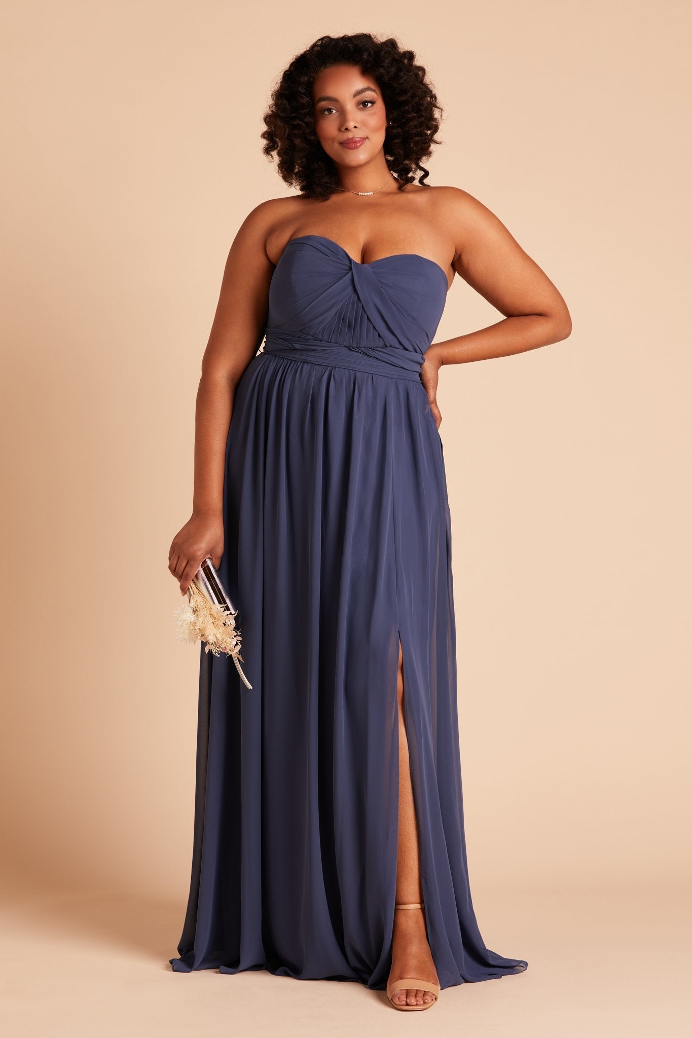 Grace convertible plus size bridesmaid dress with slit in slate blue chiffon by Birdy Grey, front view