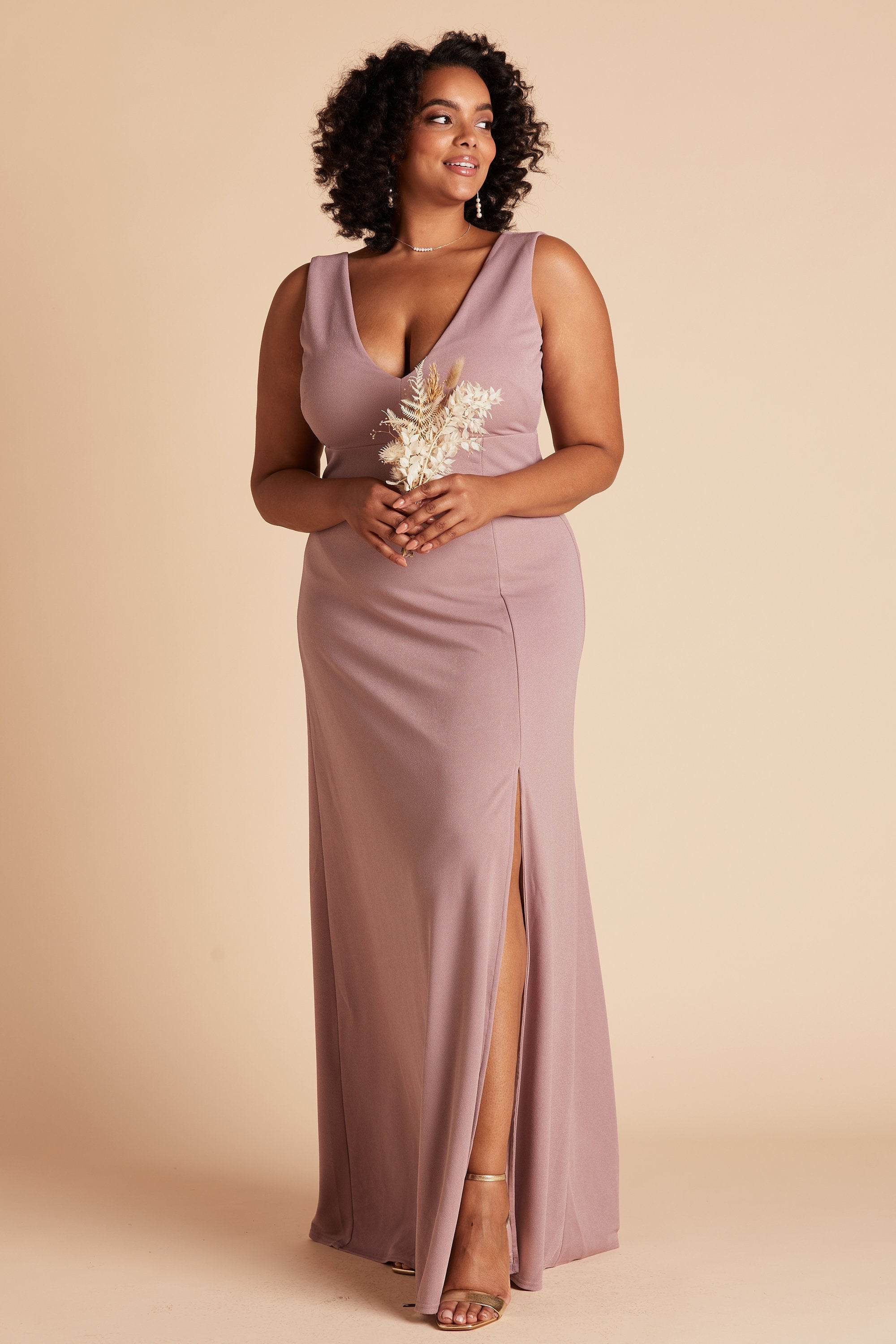Shamin plus size bridesmaid dress with slit in dark mauve crepe by Birdy Grey, front view