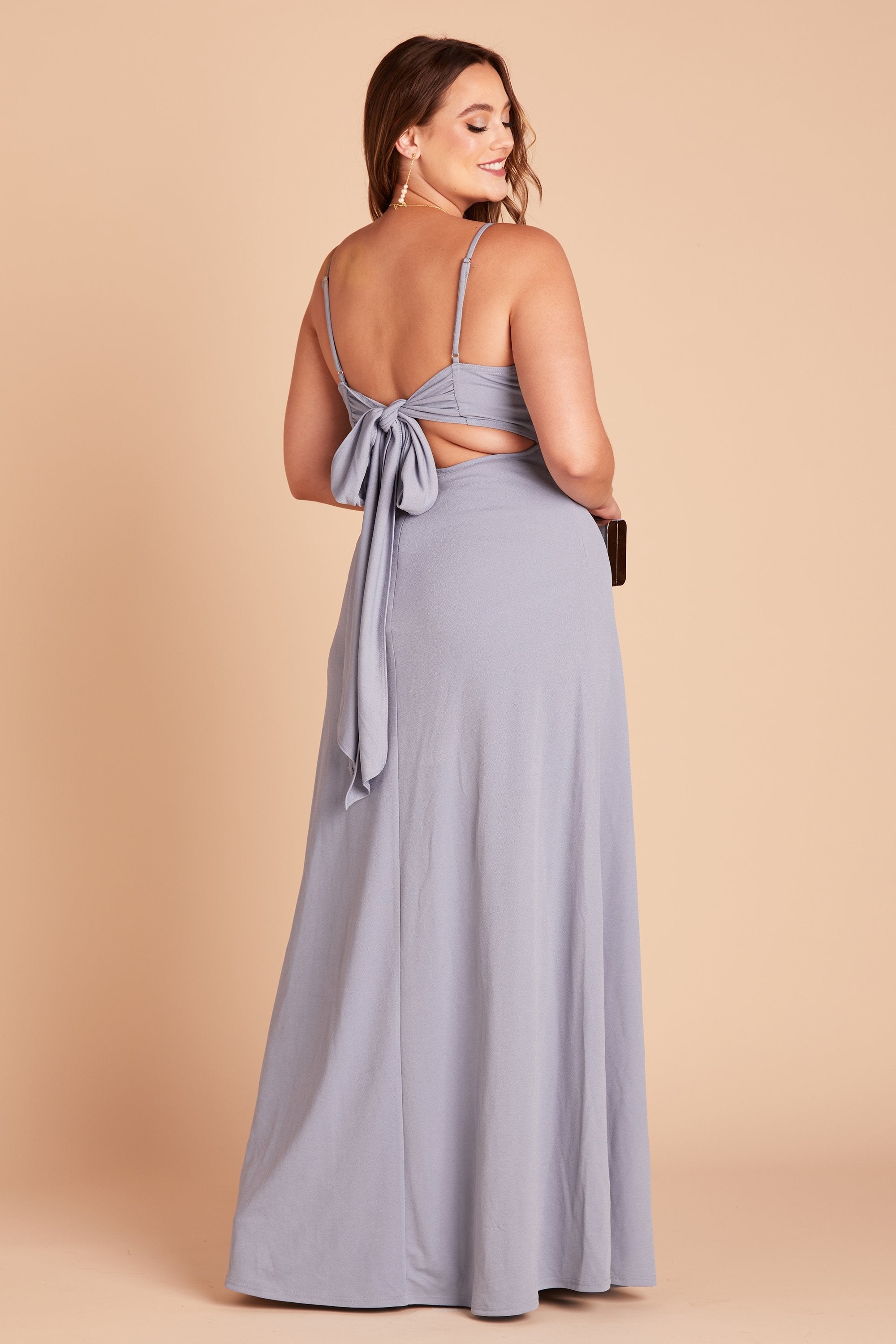 Benny plus size bridesmaid dress in dusty blue crepe by Birdy Grey, back view
