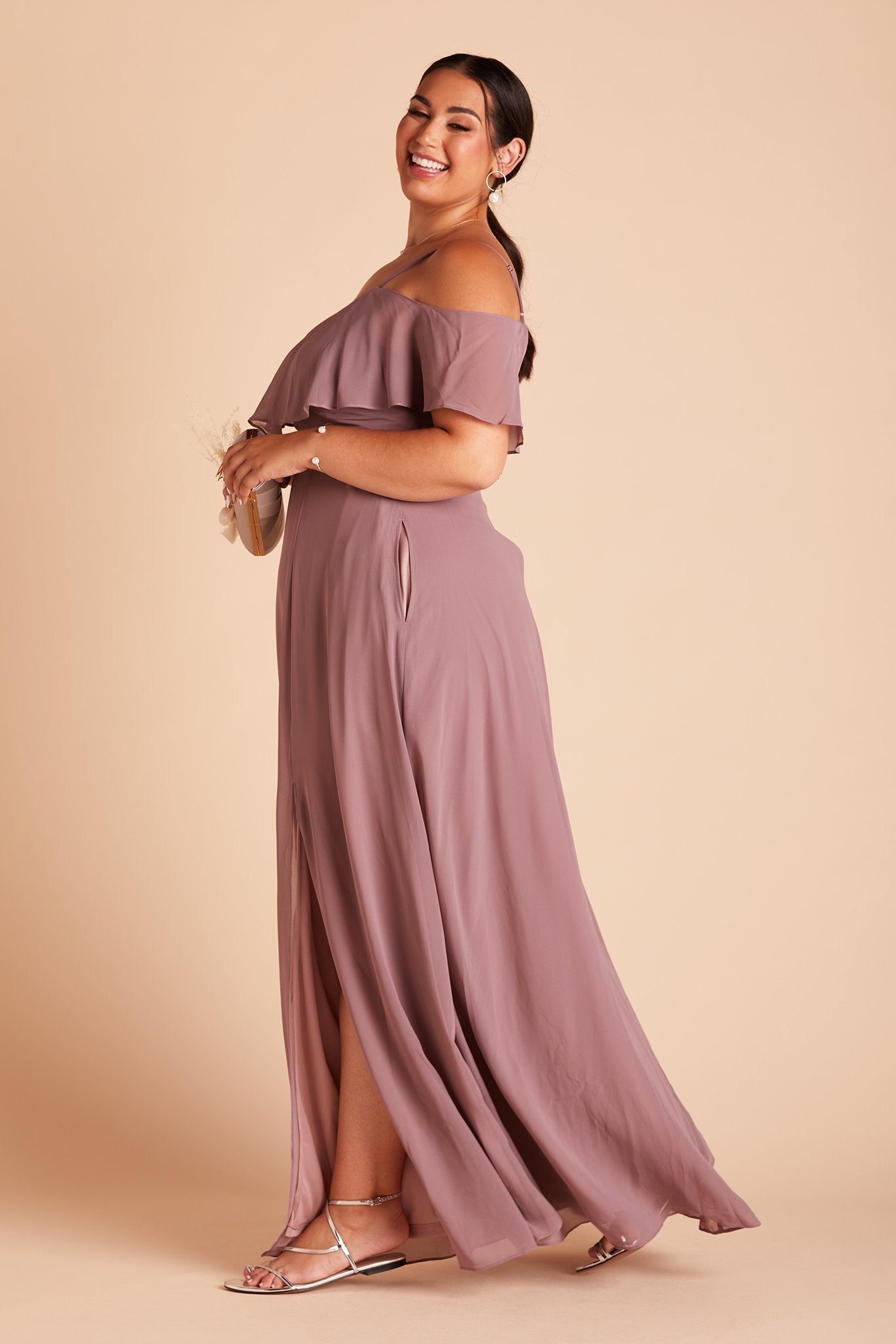 Jane convertible plus size bridesmaid dress with slit in dark mauve chiffon by Birdy Grey, side view