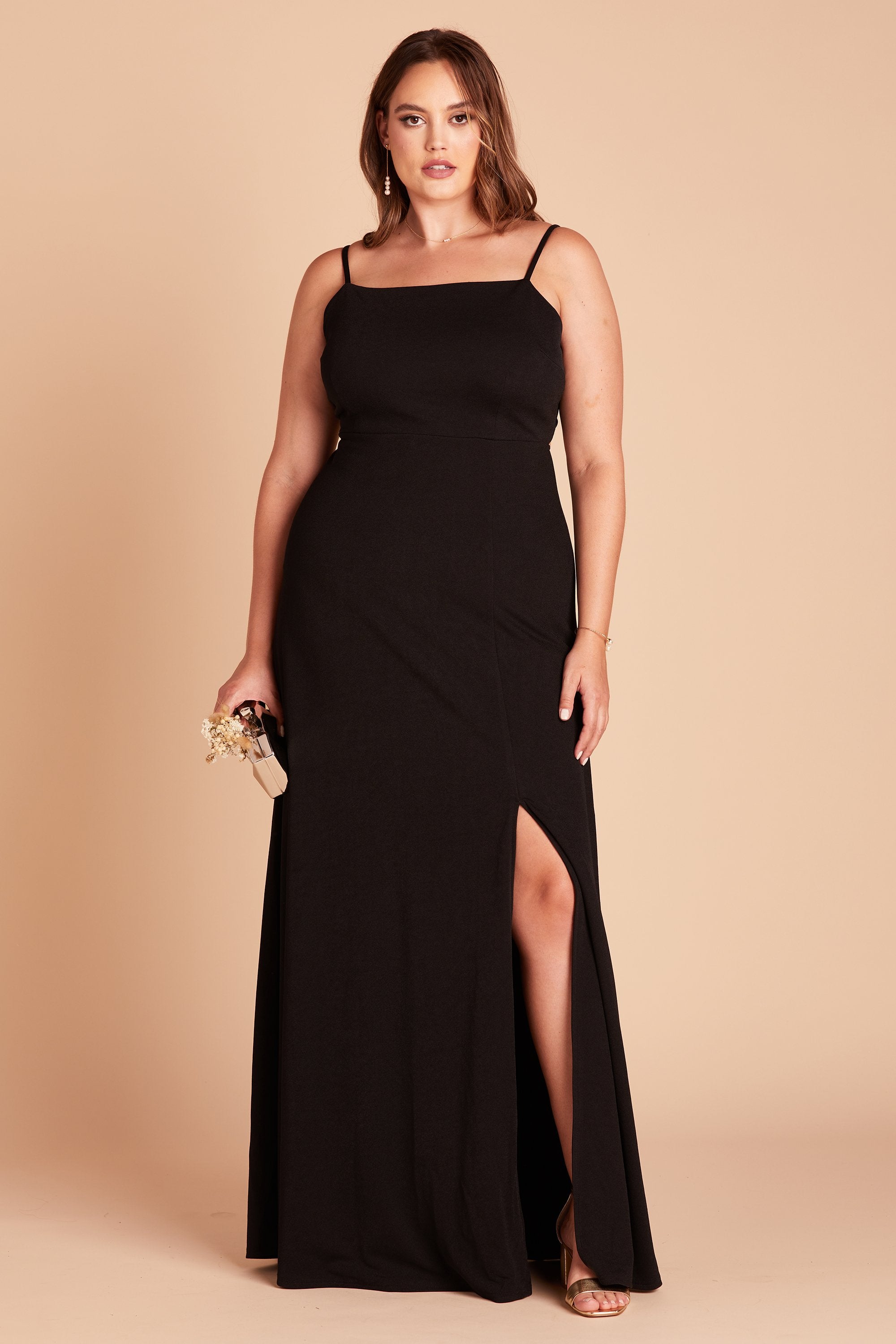 Benny plus size bridesmaid dress with slit in black crepe by Birdy Grey, front view