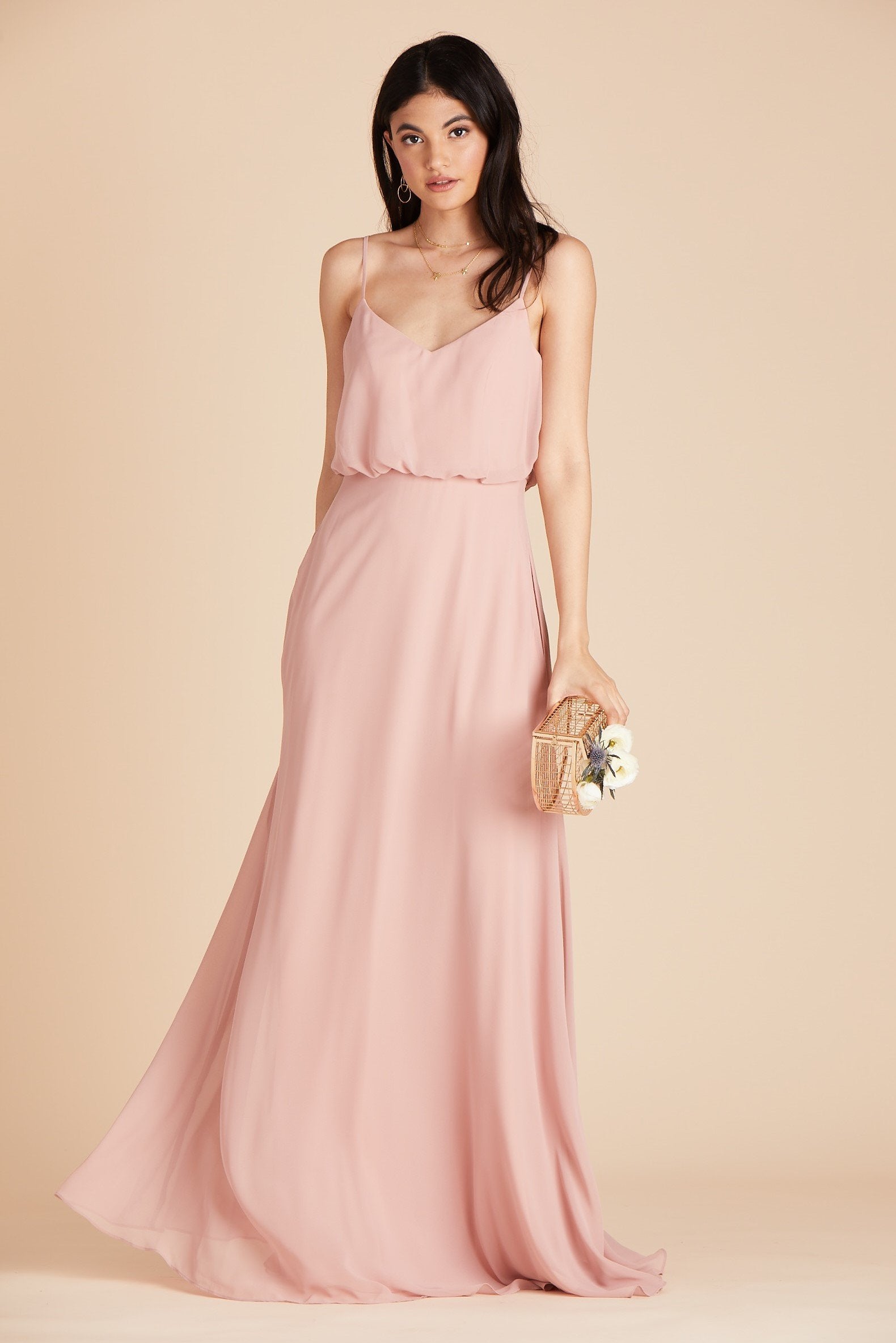 Front view of the Gwennie Dress in dusty rose chiffon worn by a slender model with a light skin tone. 