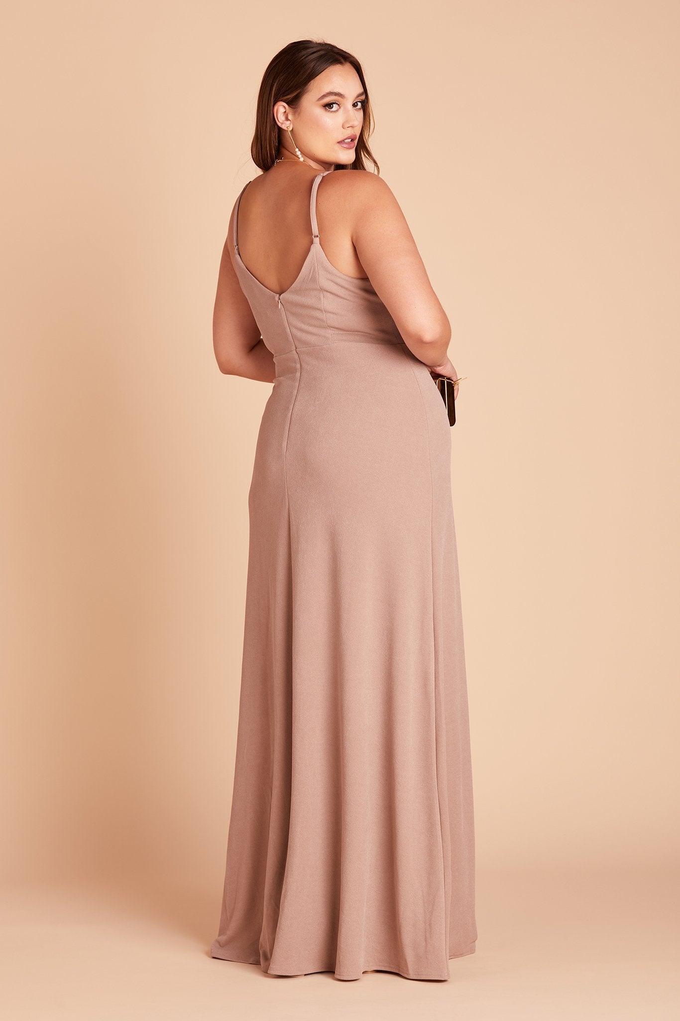 Jay plus size bridesmaid dress with slit in taupe crepe by Birdy Grey, back view