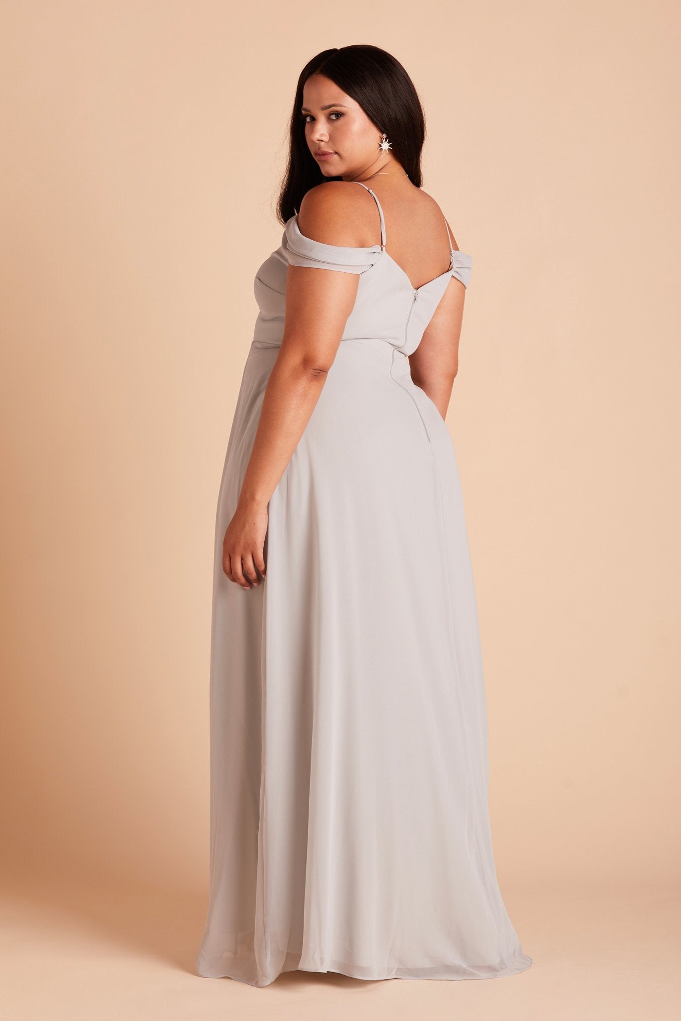 Devin convertible plus size bridesmaid dress in dove gray chiffon by Birdy Grey, side view