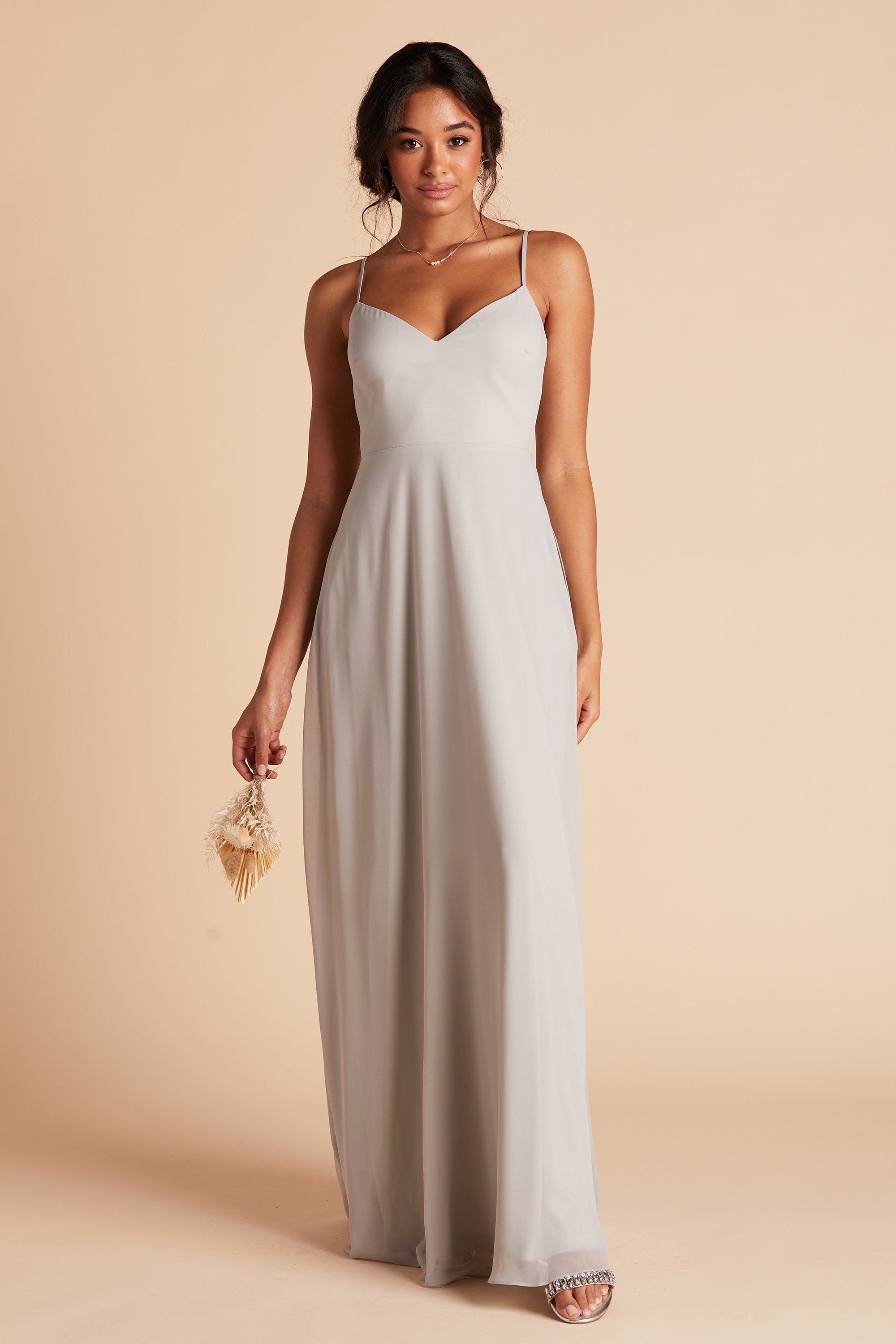 Devin convertible bridesmaid dress with slit in dove gray chiffon by Birdy Grey, front view