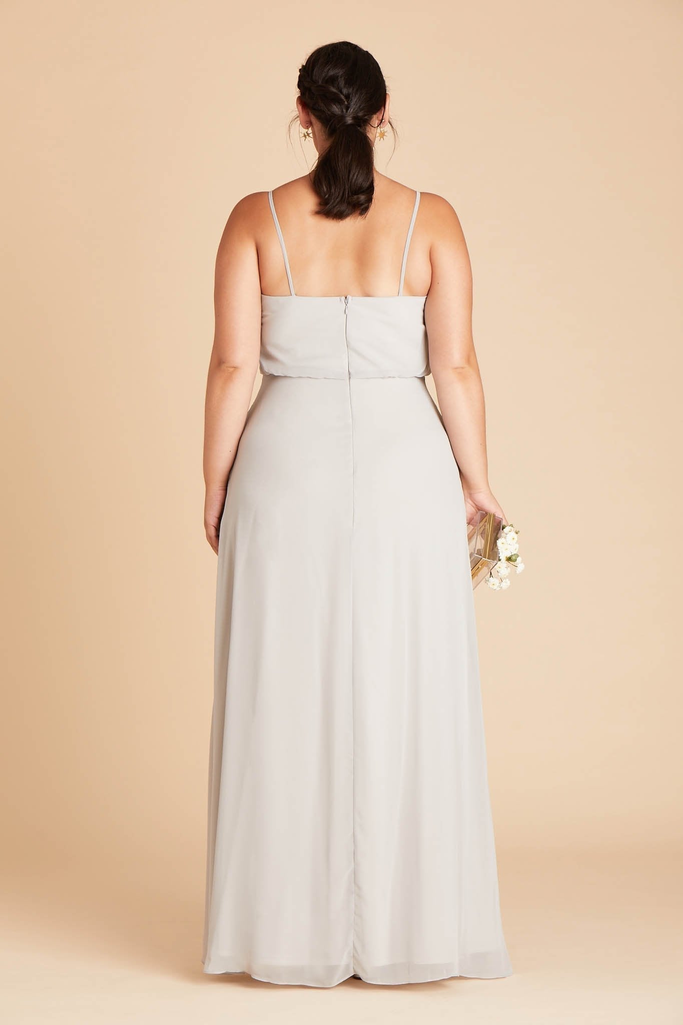 Gwennie plus size bridesmaid dress in dove gray chiffon by Birdy Grey, back view