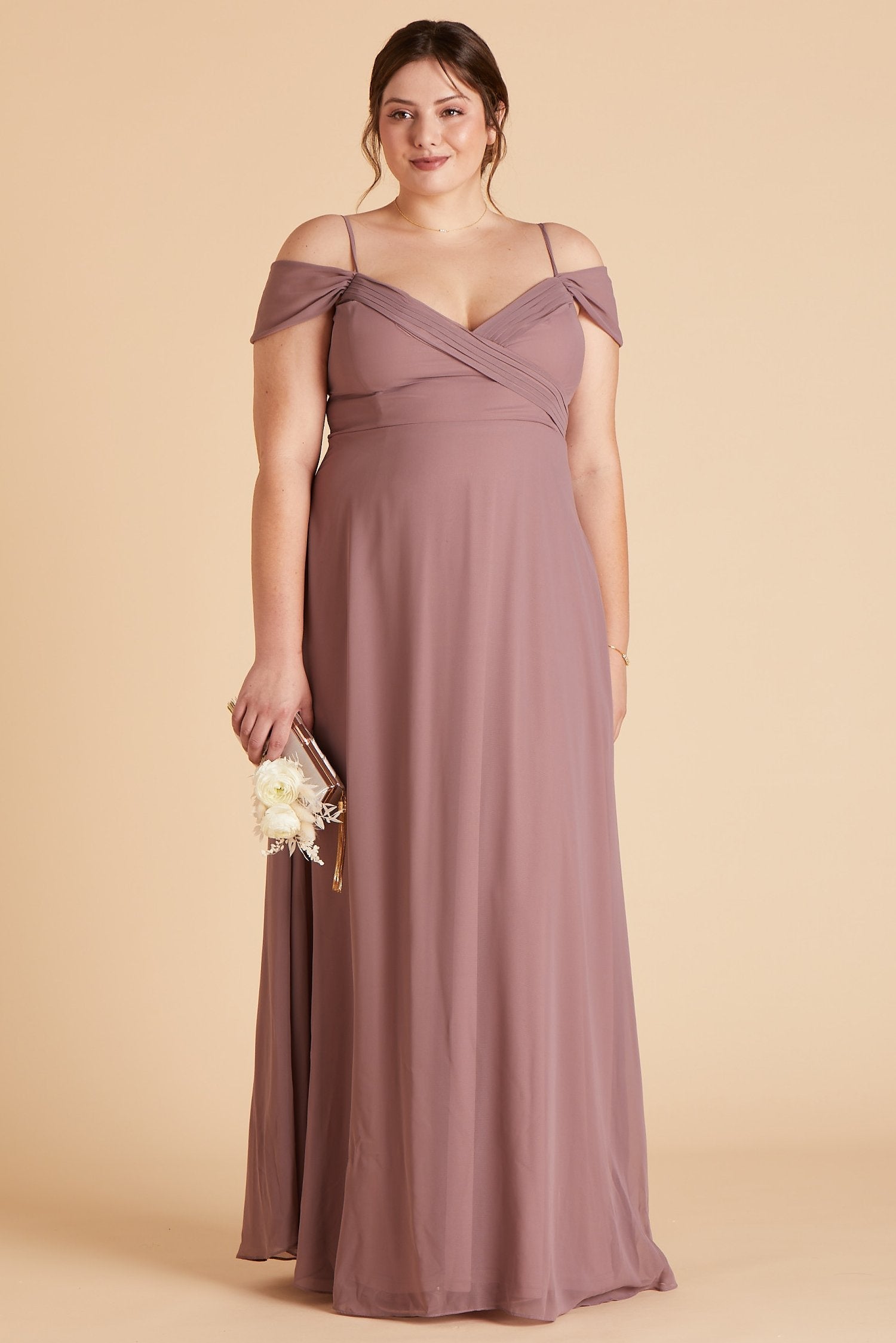 Spence convertible plus size bridesmaid dress in dark mauve chiffon by Birdy Grey, front view