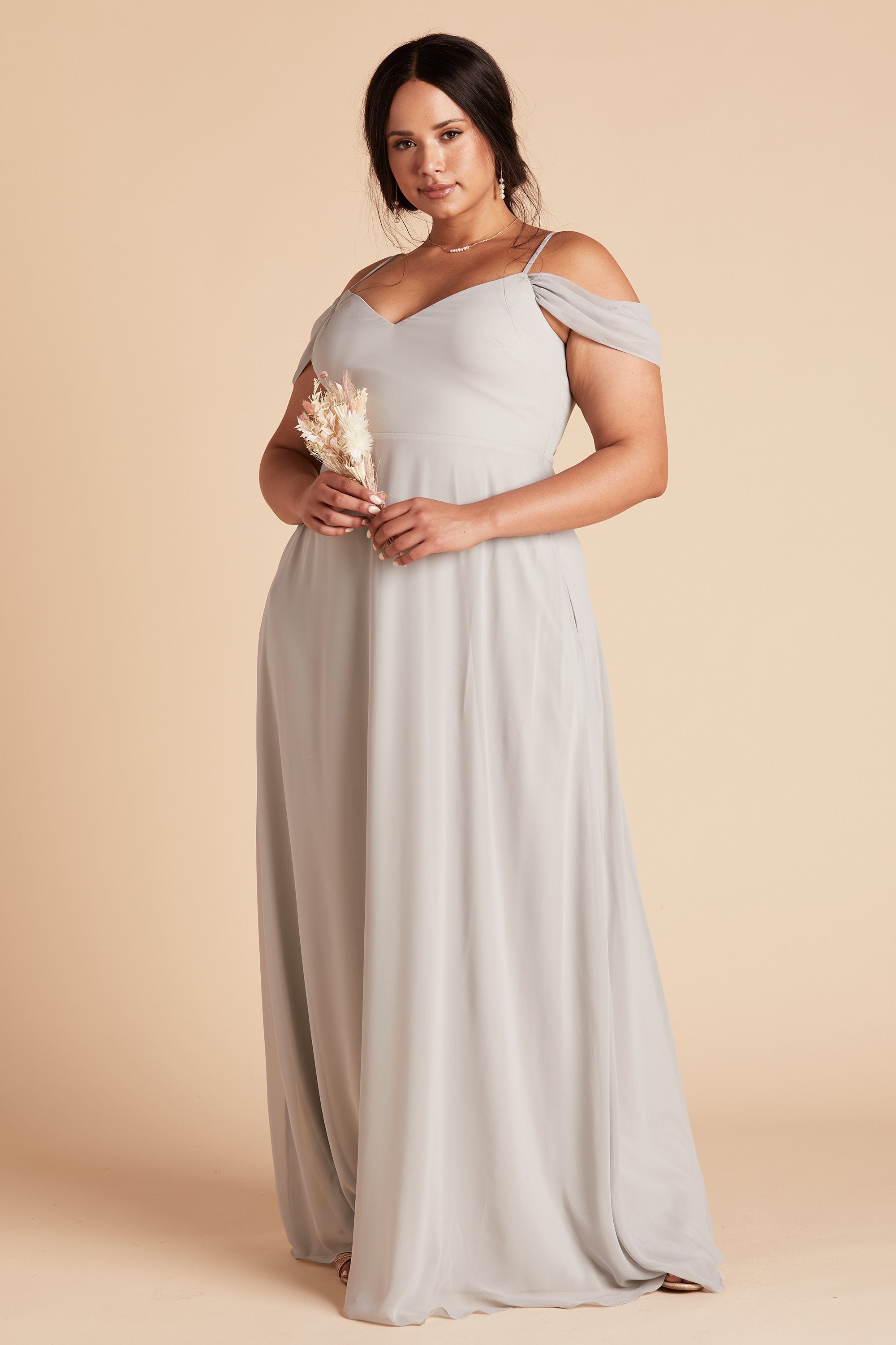 Devin convertible plus size bridesmaid dress with slit in dove gray chiffon by Birdy Grey, side view