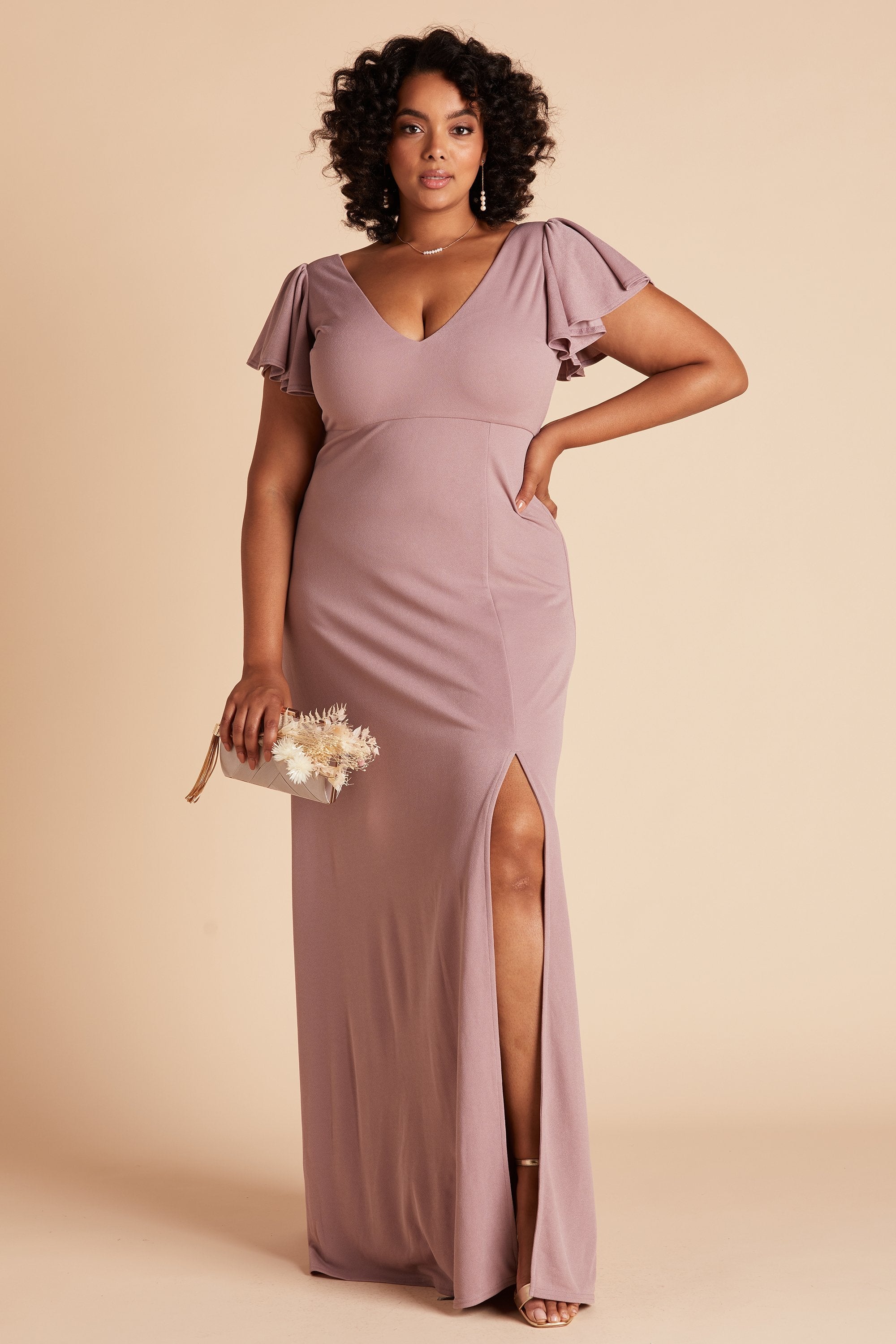 Hannah plus size bridesmaid dress with slit in dark mauve crepe by Birdy Grey, front view