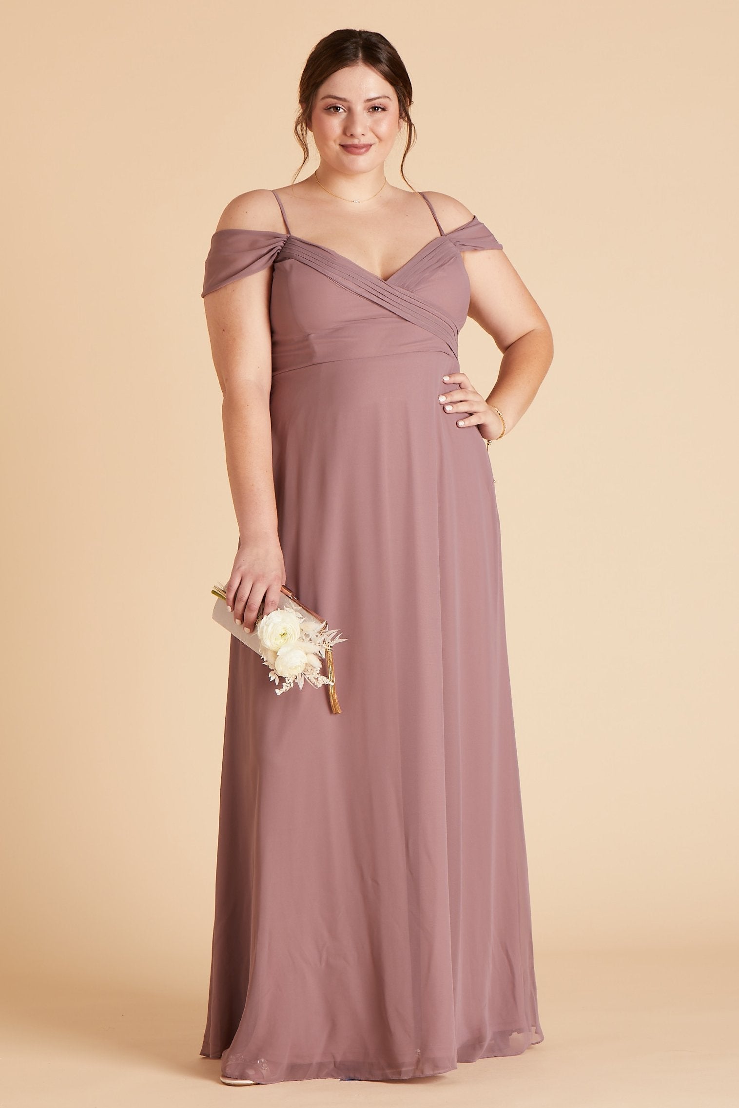Spence convertible plus size bridesmaid dress in dark mauve chiffon by Birdy Grey, front view