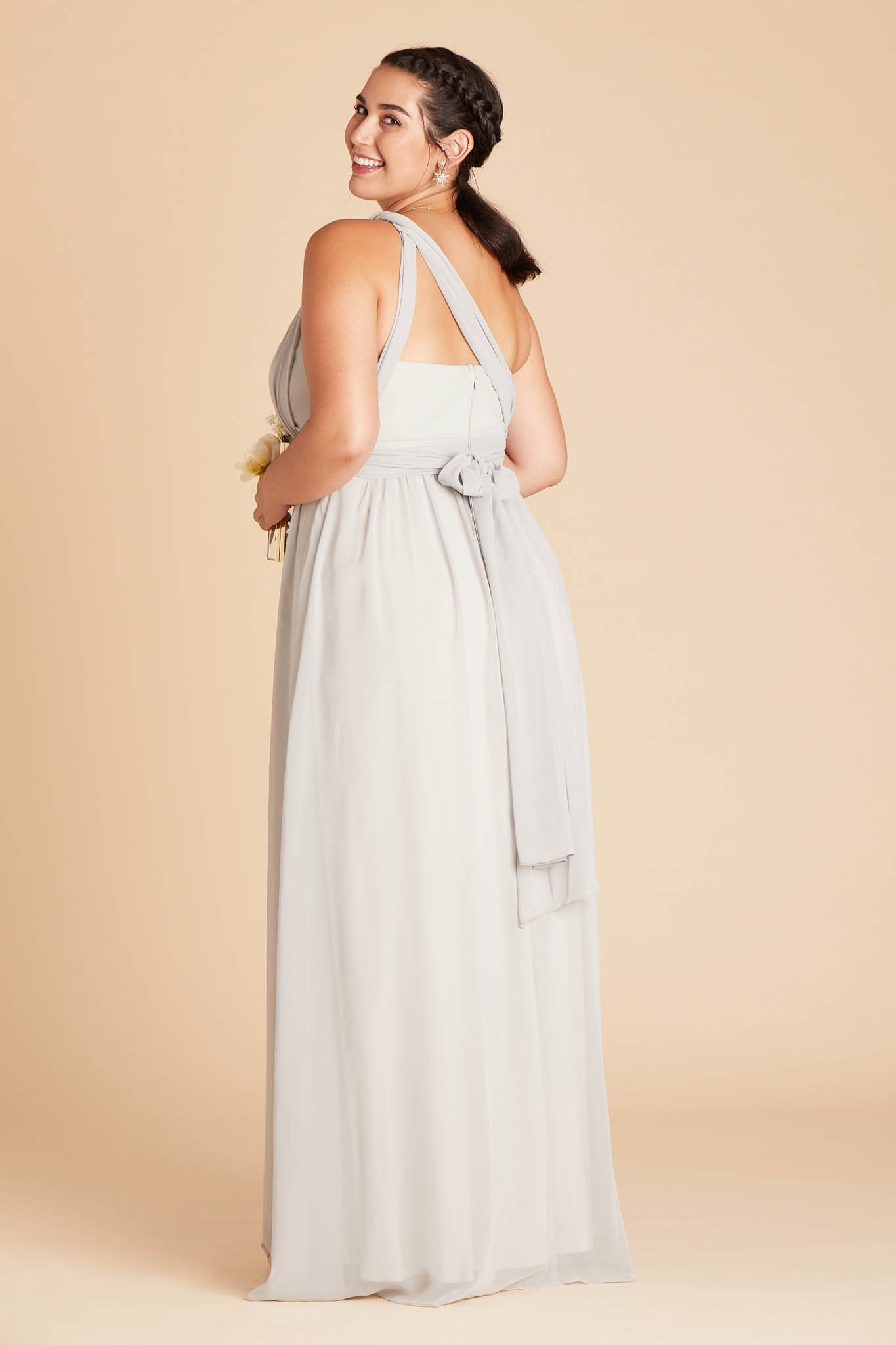 Grace convertible plus size bridesmaid dress in dove gray chiffon by Birdy Grey, back view