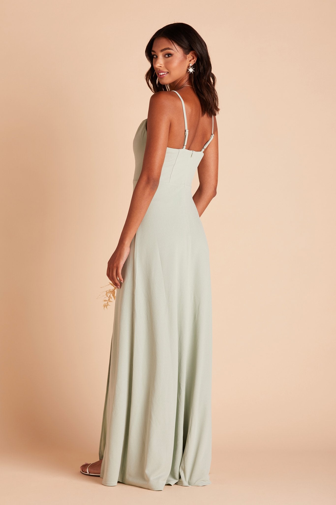 Ash bridesmaid dress in sage green crepe by Birdy Grey, side view