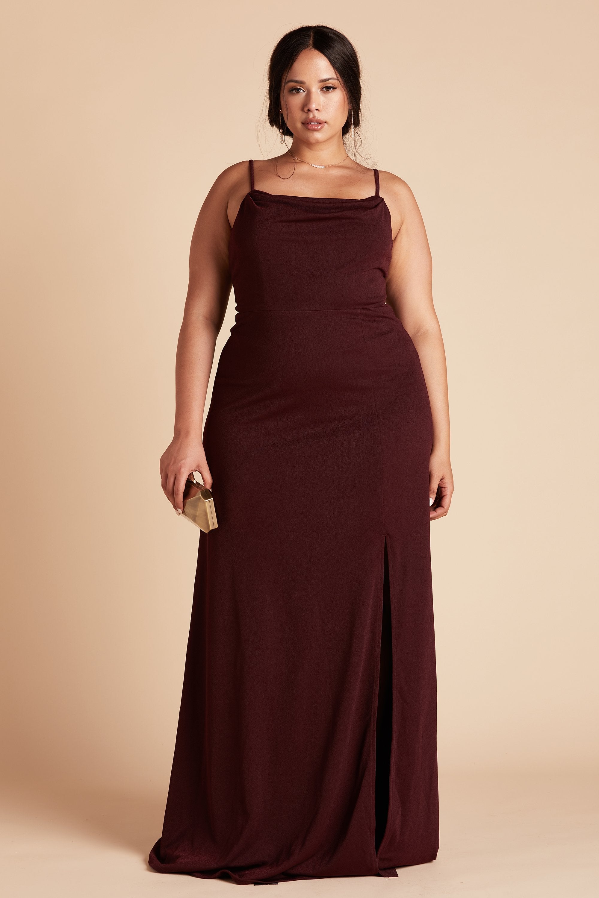 Ash plus size bridesmaid dress with slit in cabernet burgundy crepe by Birdy Grey, front view