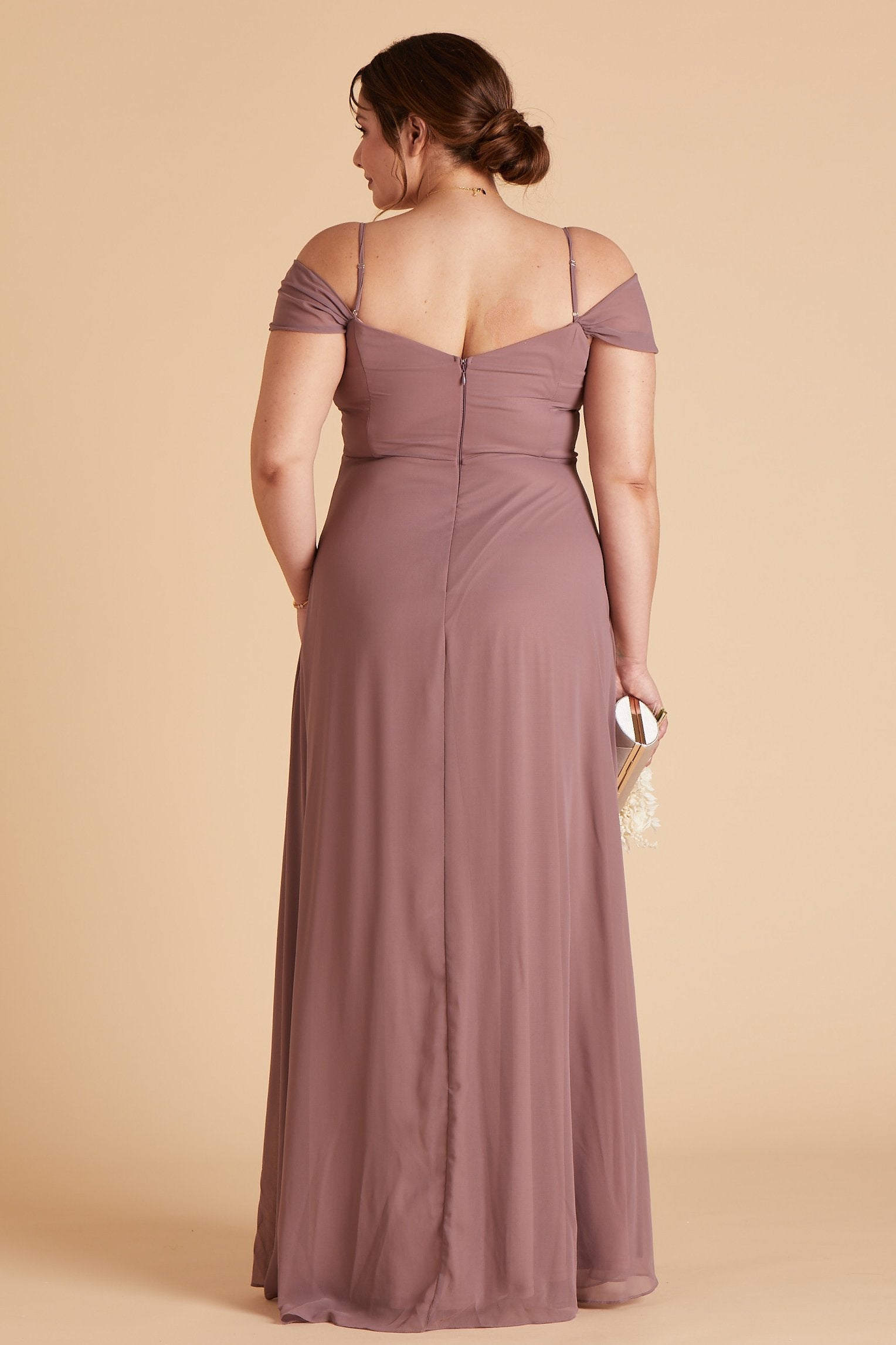 Spence convertible plus size bridesmaid dress in dark mauve chiffon by Birdy Grey, back view