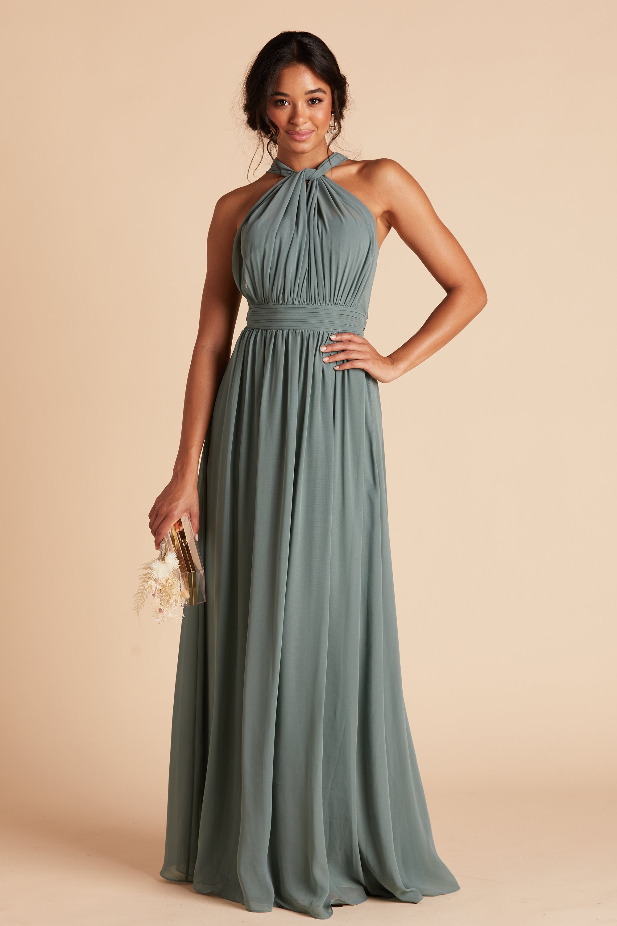 Front view of the Grace Convertible Dress in sea glass chiffon with the streamers pulled over the bust and tied at the neck, then pulled toward the back, creating a choker neck halter appearance.