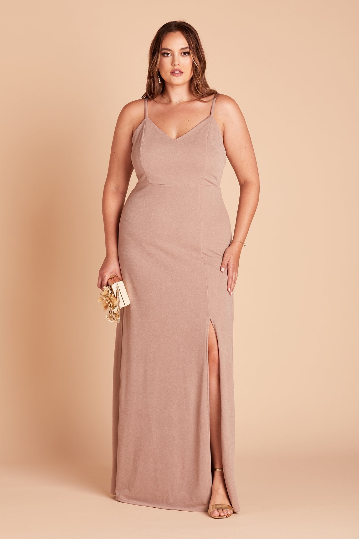Jay plus size bridesmaid dress with slit in taupe crepe by Birdy Grey, front view