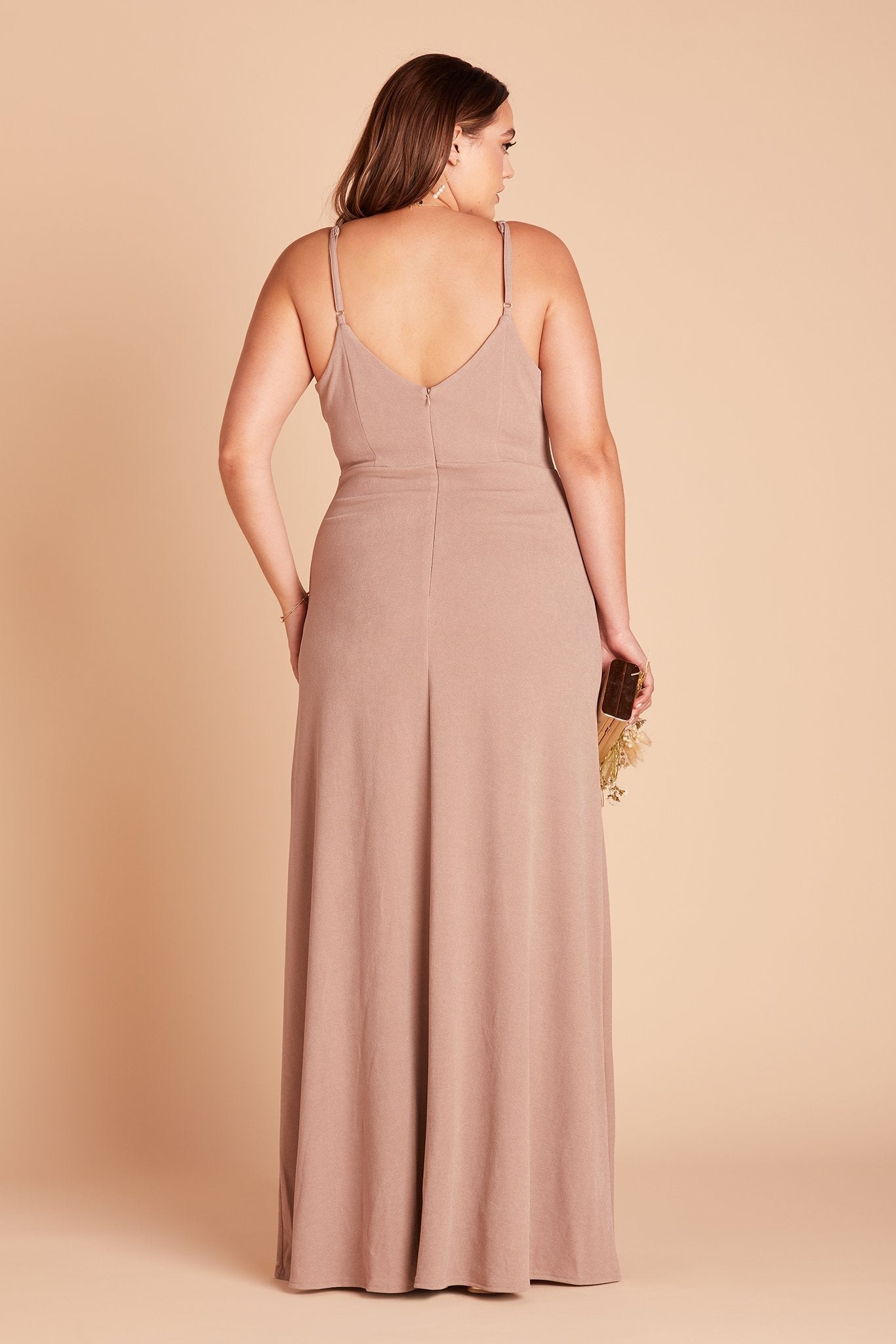 Jay plus size bridesmaid dress with slit in taupe crepe by Birdy Grey, back view