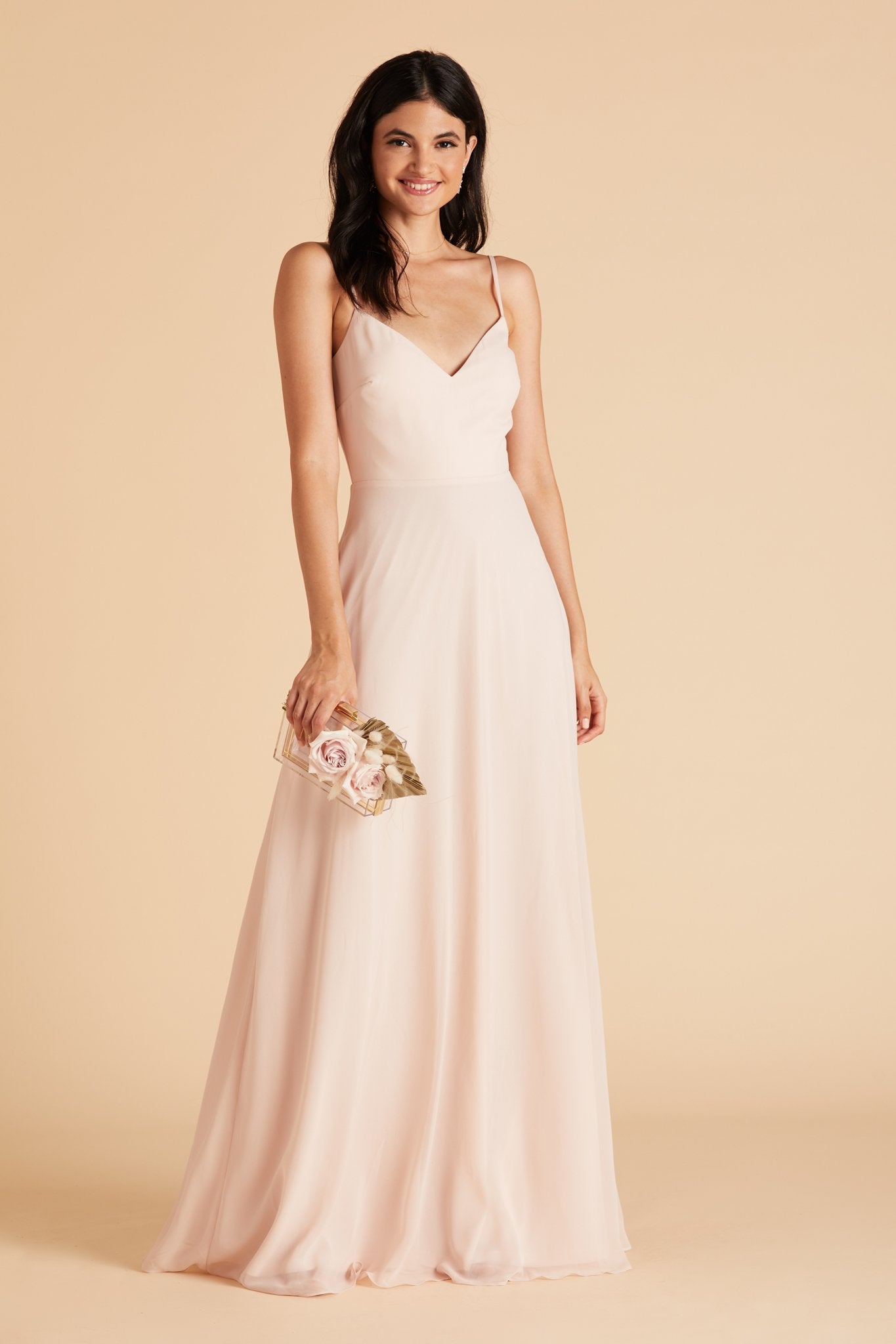 Devin convertible bridesmaids dress in pale blush chiffon by Birdy Grey, front view