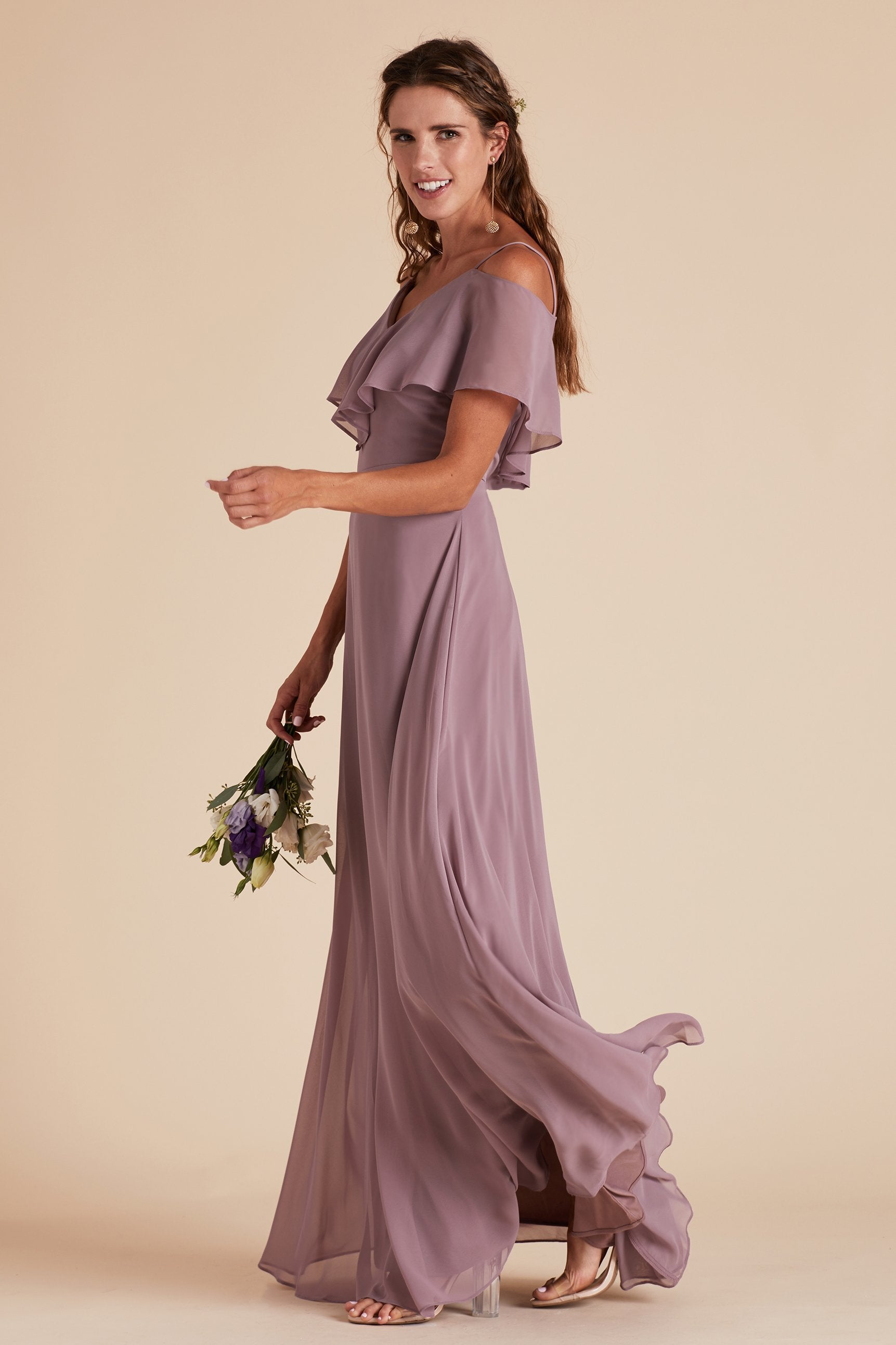 Jane convertible bridesmaid dress in dark mauve chiffon by Birdy Grey, side view