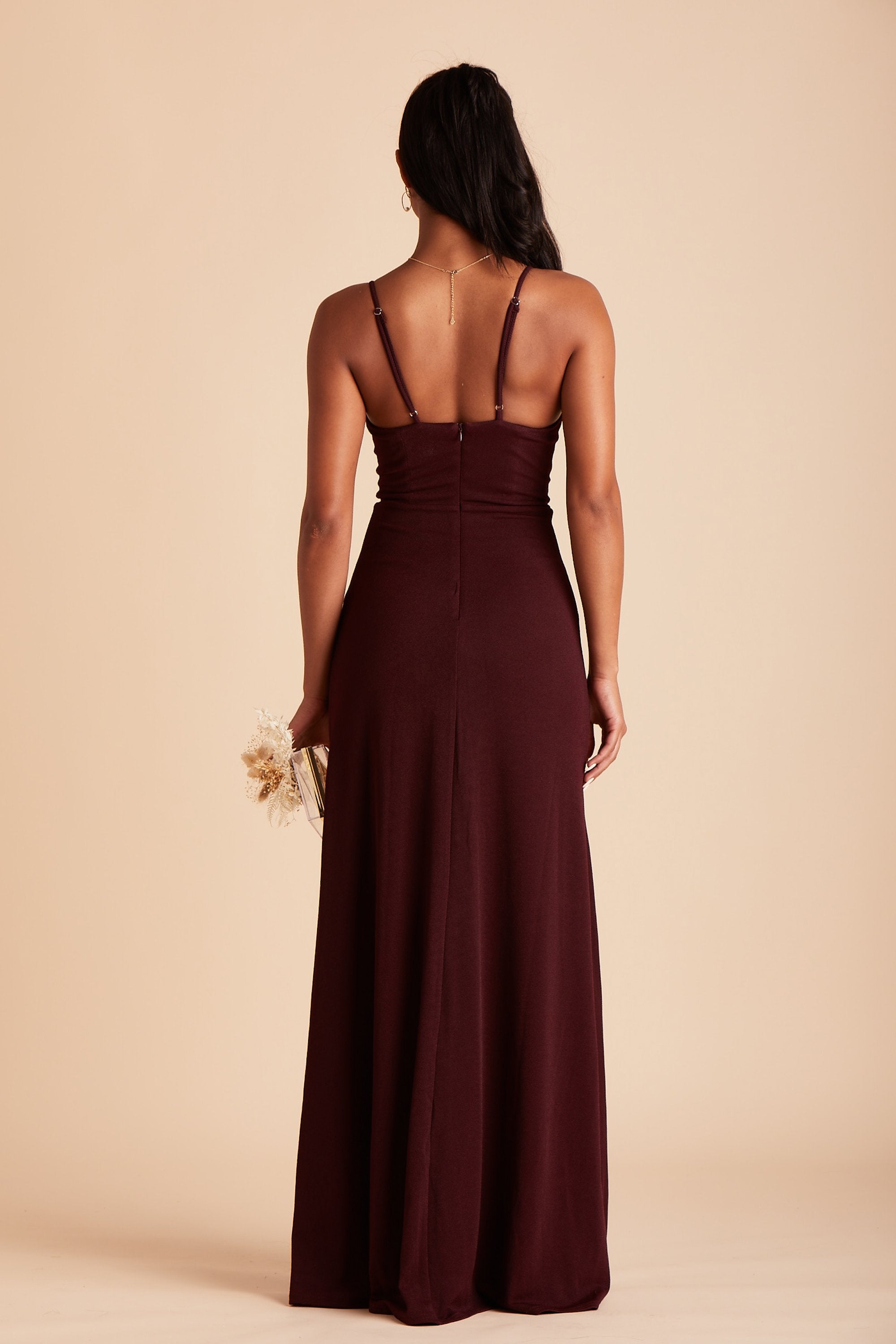 Ash bridesmaid dress in cabernet burgundy crepe by Birdy Grey, back view