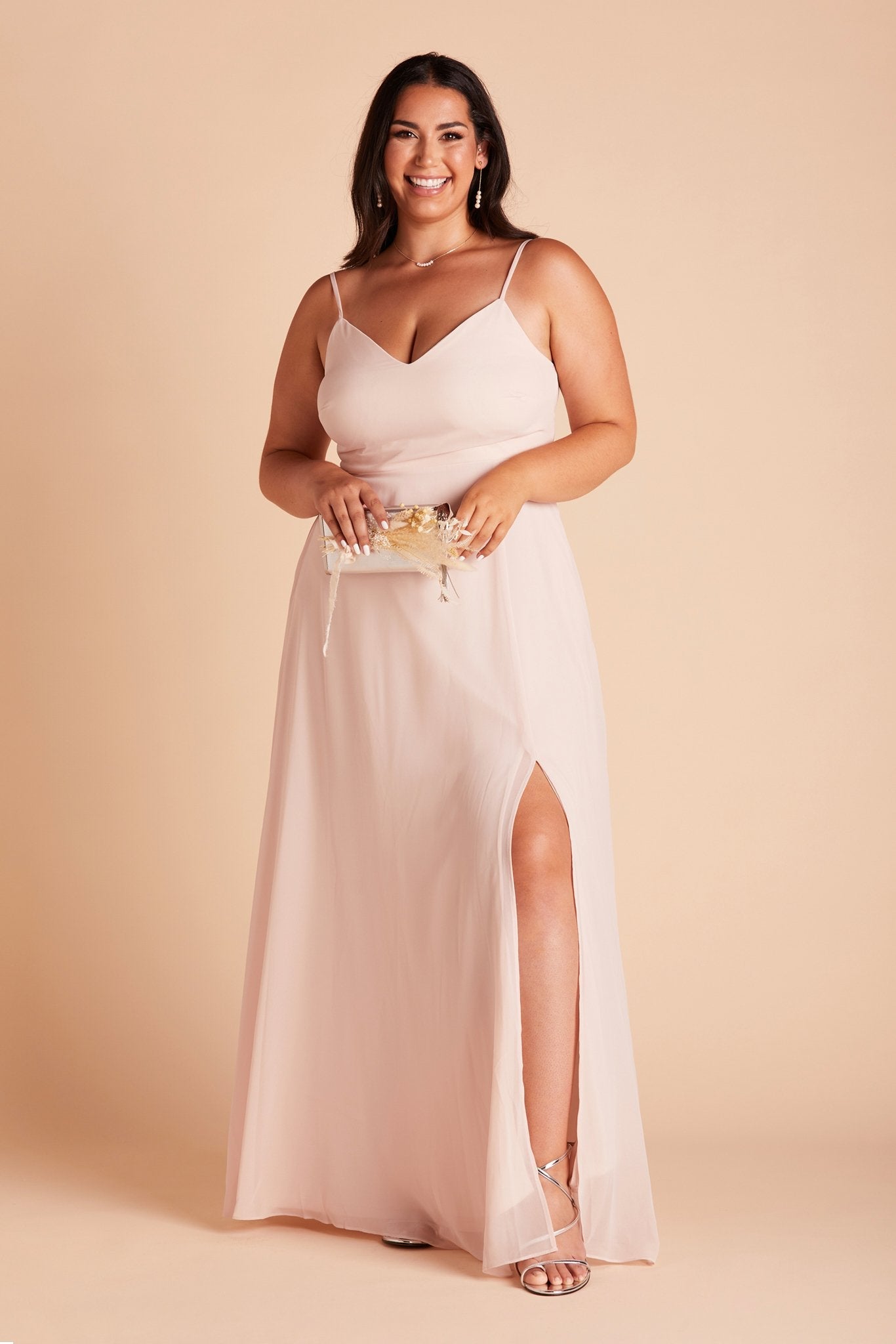 Devin convertible plus size bridesmaids dress with slit in pale blush chiffon by Birdy Grey, front view