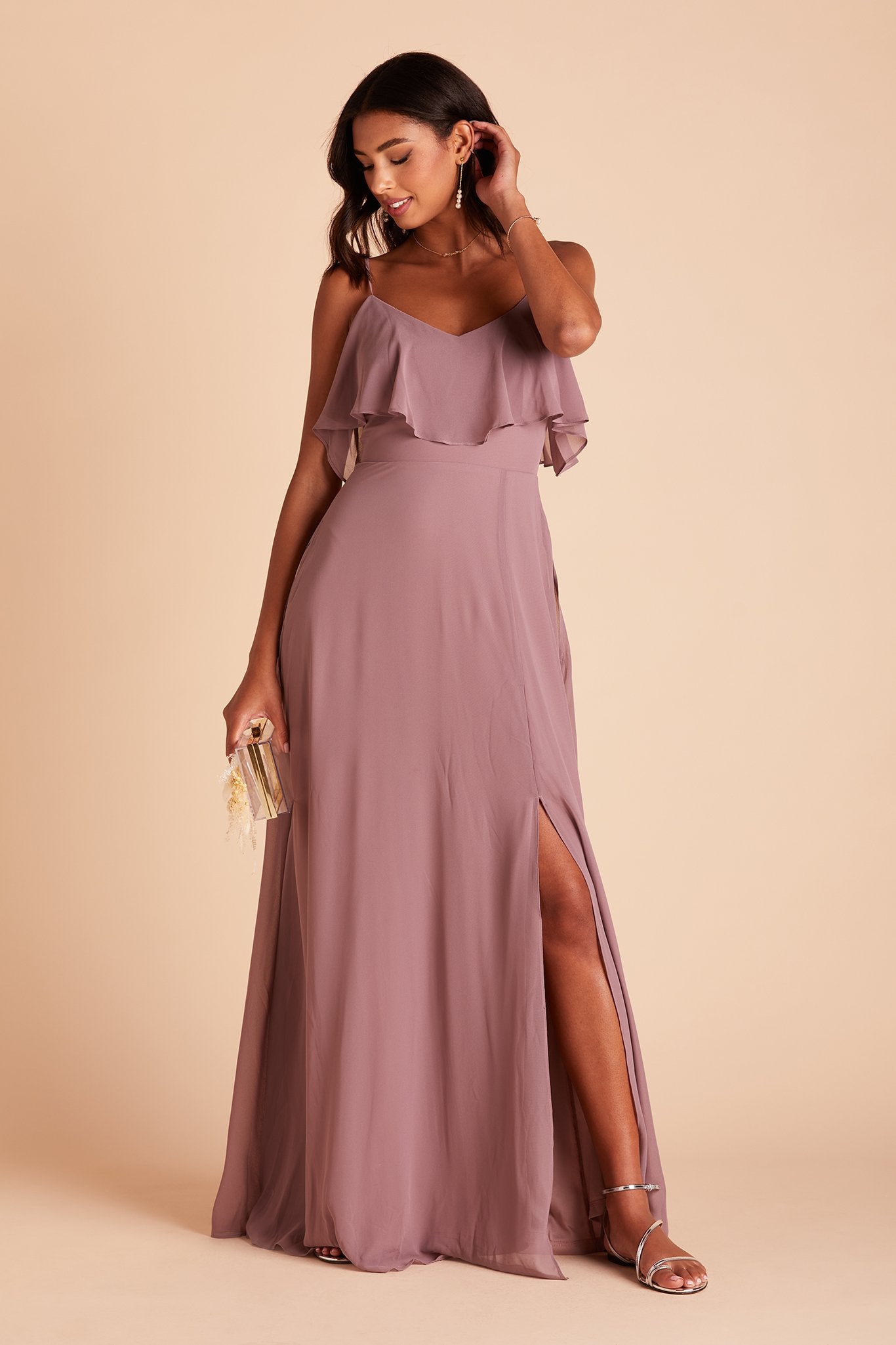 Jane convertible bridesmaid dress with slit in dark mauve chiffon by Birdy Grey, front view