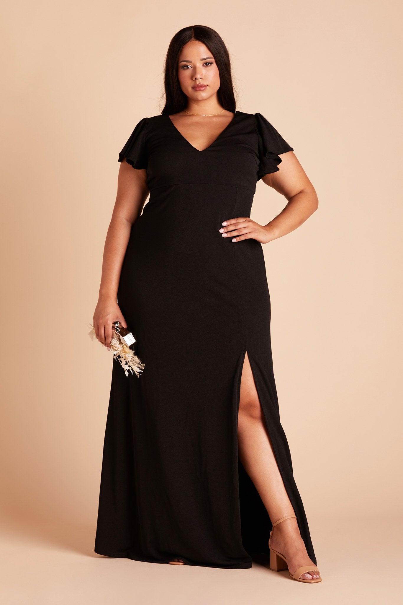 Hannah plus size bridesmaid dress with slit in black crepe by Birdy Grey, front view