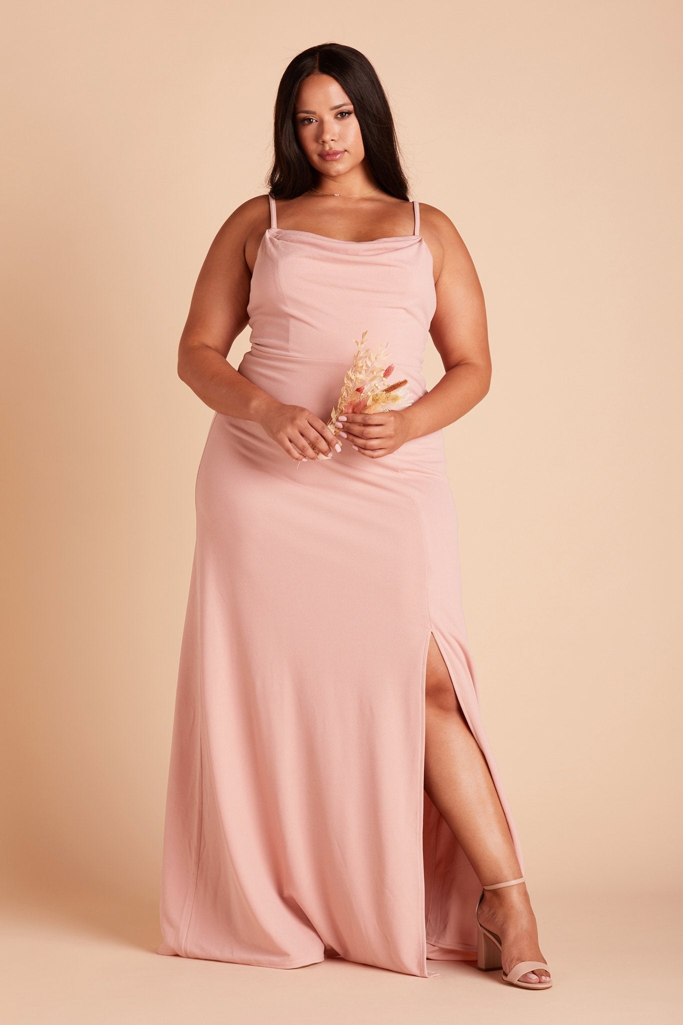 Front view of the floor-length Ash Plus Size Bridesmaid Dress in dusty rose crepe worn by a curvy model with medium-tone skin.