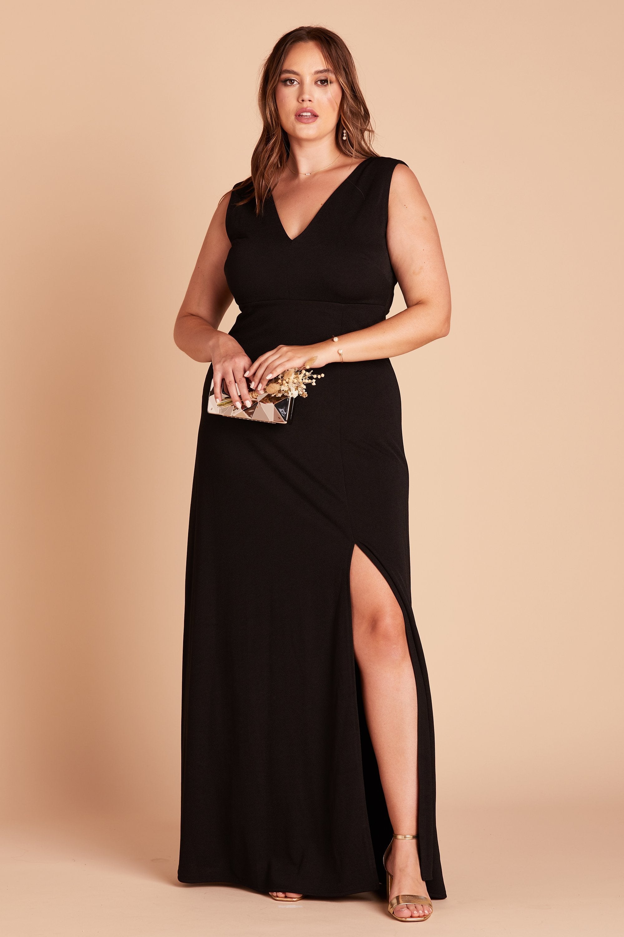 Shamin plus size bridesmaid dress with slit in black crepe by Birdy Grey, front view