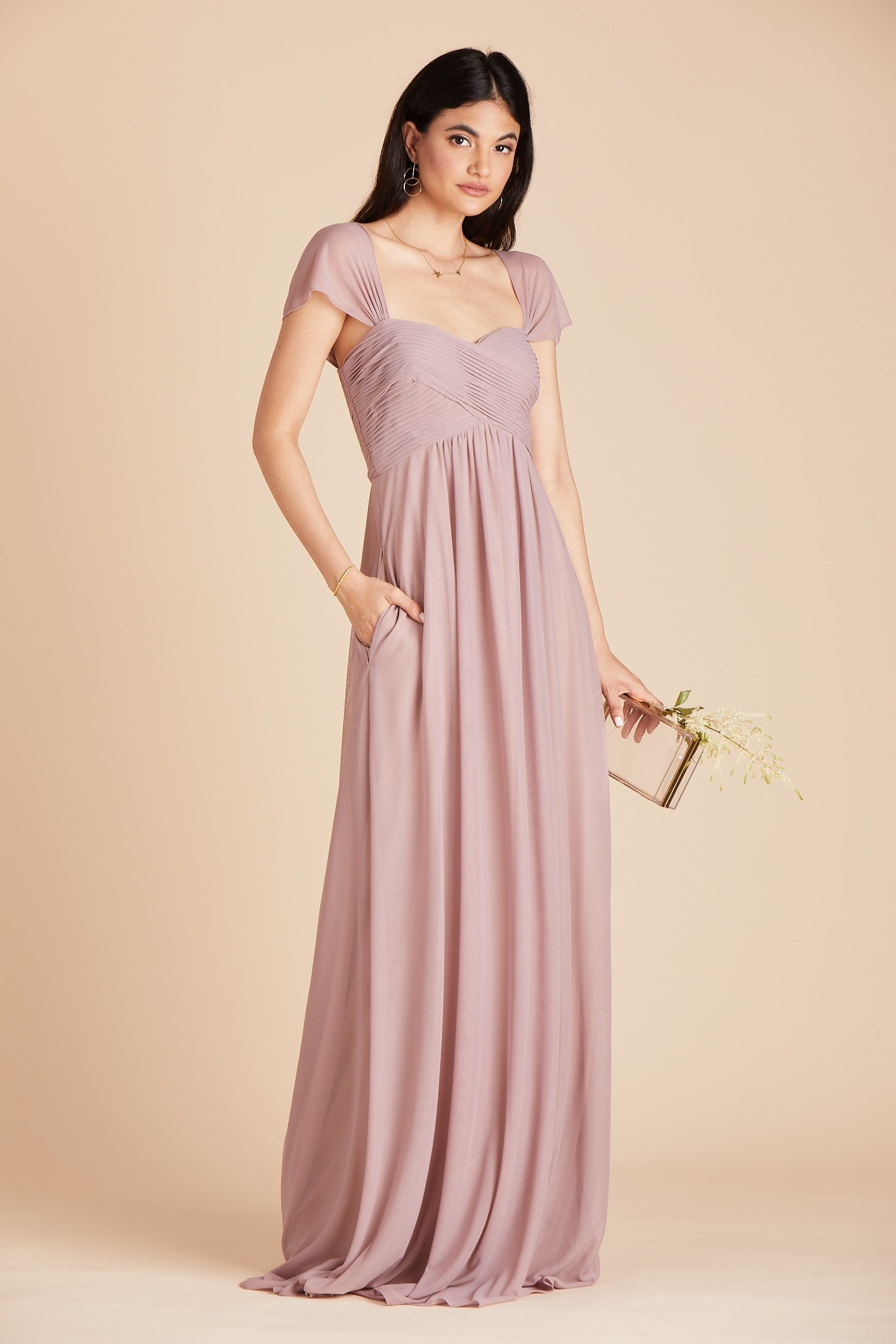 Maria convertible bridesmaids dress in mauve chiffon by Birdy Grey, front view with hand in pocket