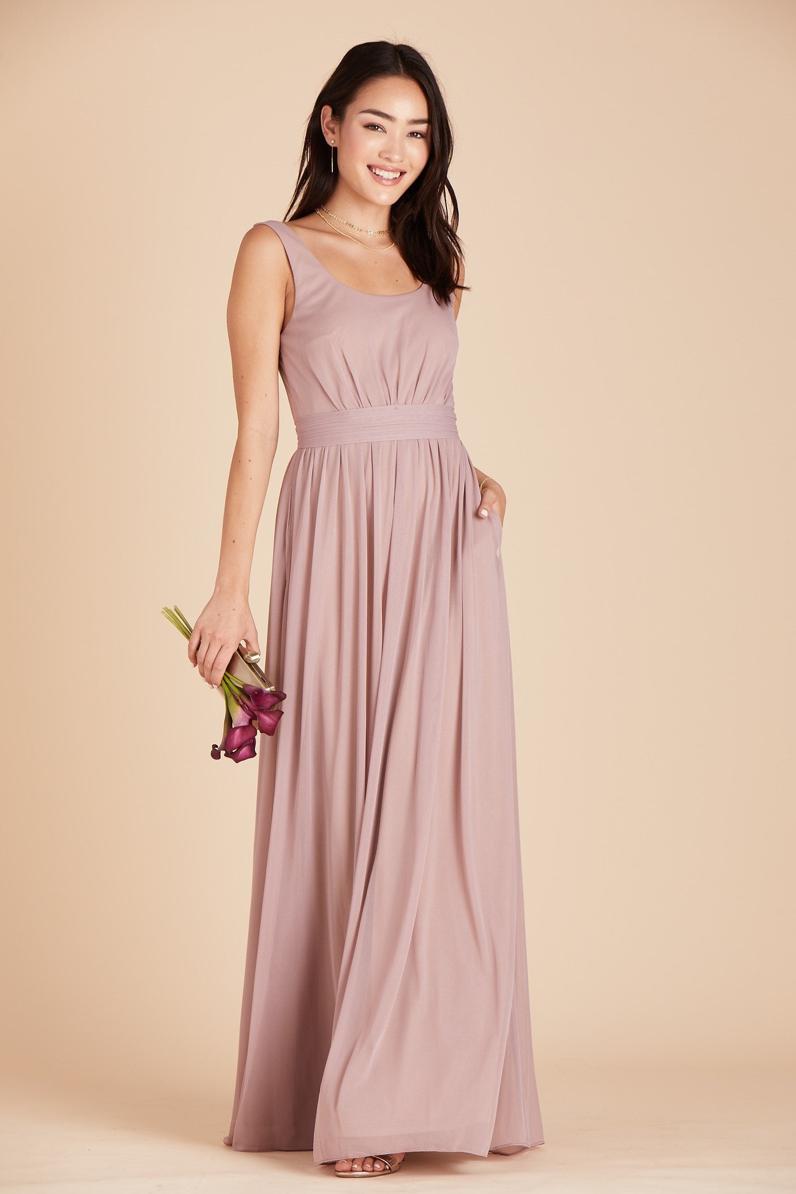 Jay bridesmaids dress in mauve chiffon by Birdy Grey, front view with hand in pocket