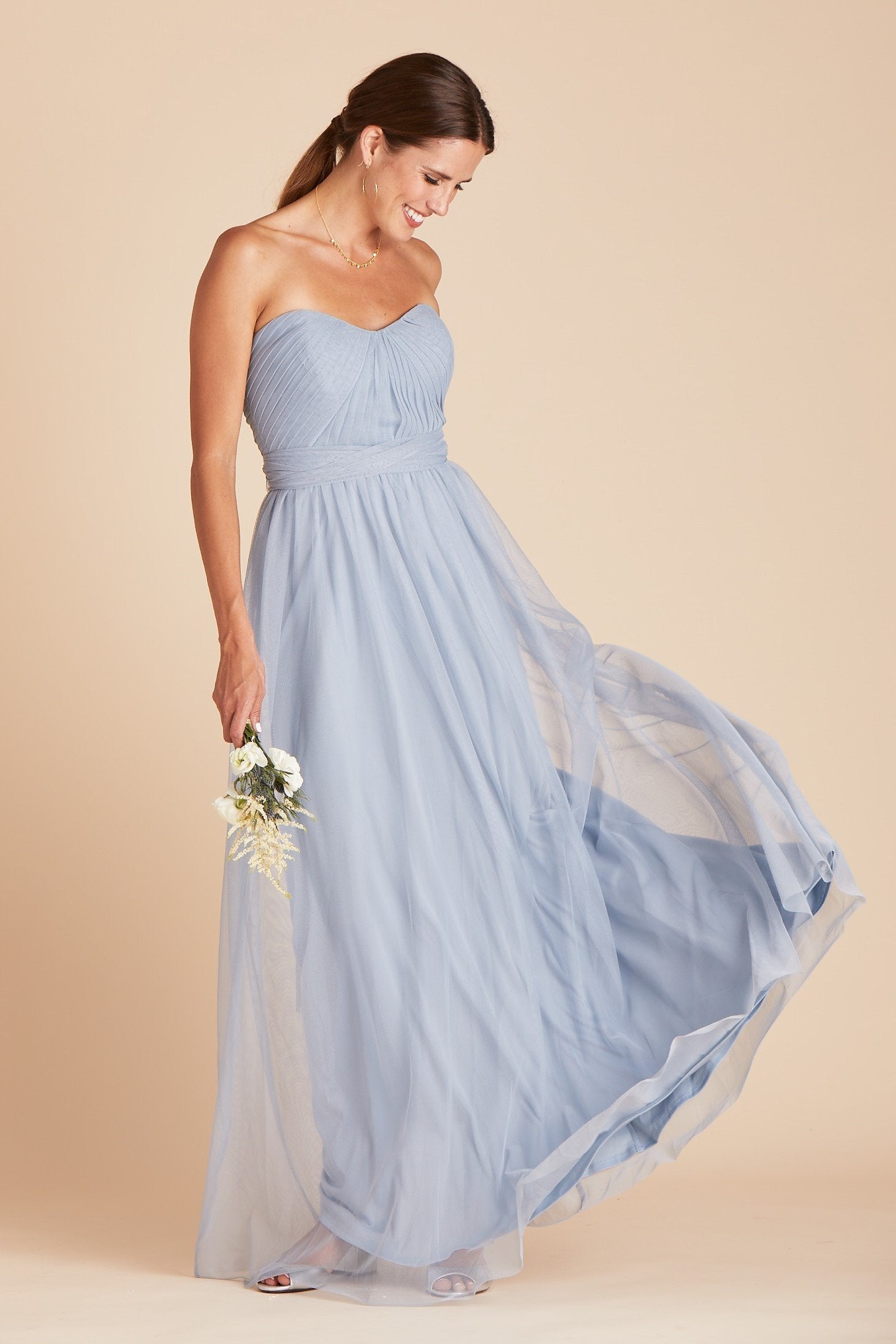 Christina convertible bridesmaid dress in dusty blue tulle by Birdy Grey, front view