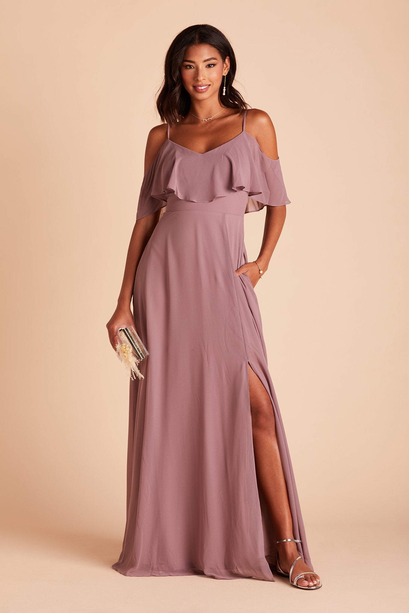 Jane convertible bridesmaid dress with slit in dark mauve chiffon by Birdy Grey, front view with hand in pocket