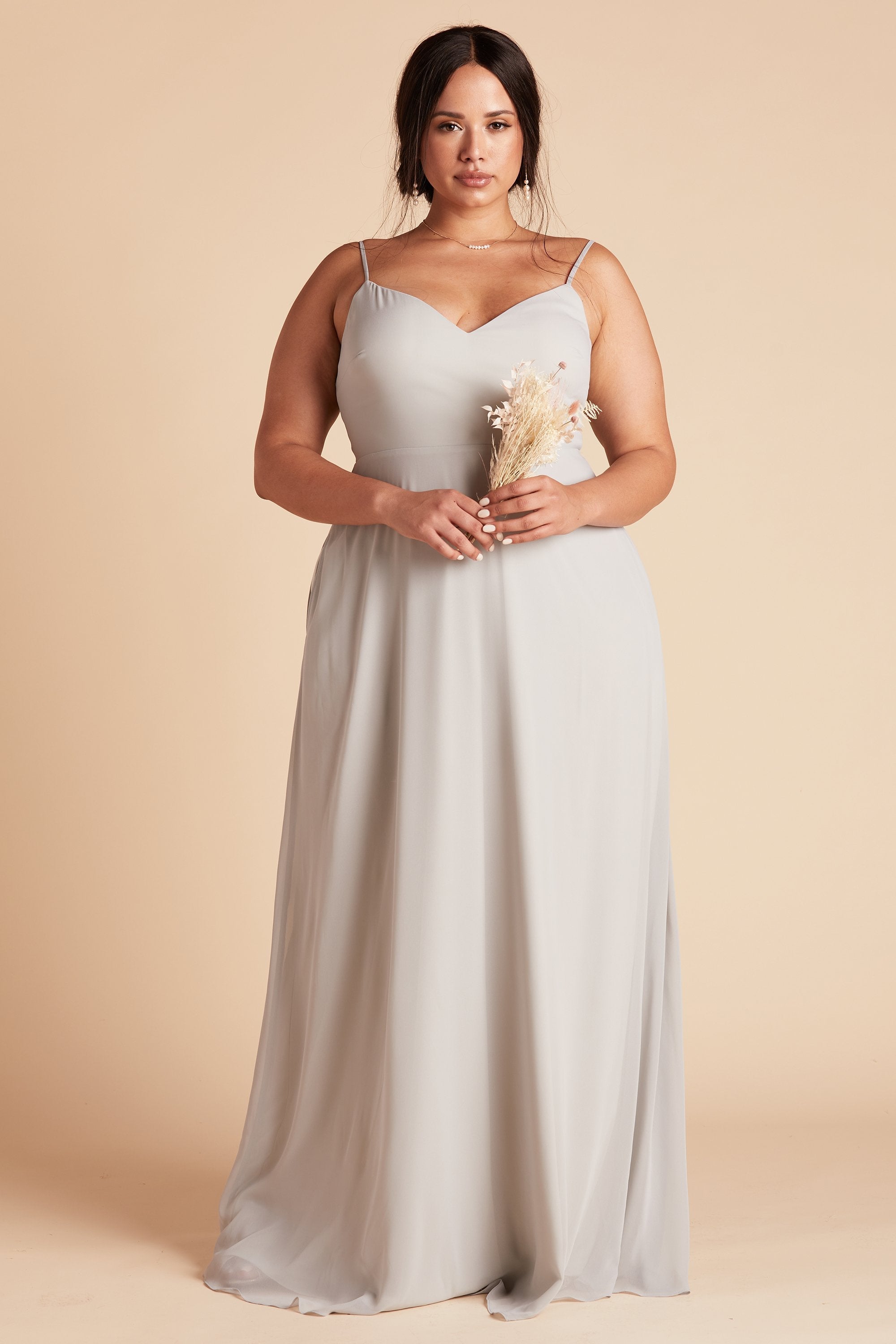Devin convertible plus size bridesmaid dress in dove gray chiffon by Birdy Grey, front view