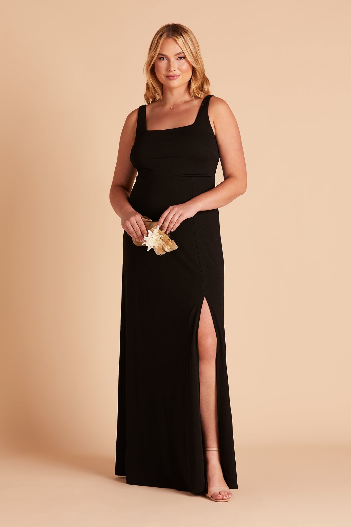 Alex convertible plus size bridesmaid dress with slit in black crepe by Birdy Grey, front view
