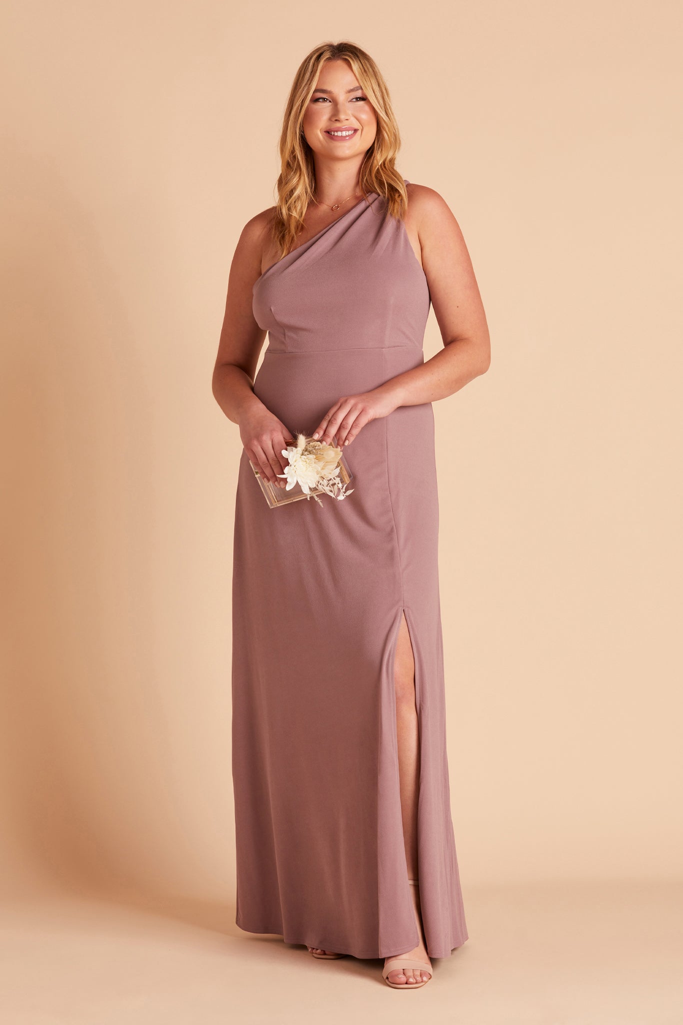 Kira plus size bridesmaid dress with slit in dark mauve crepe by Birdy Grey, front view