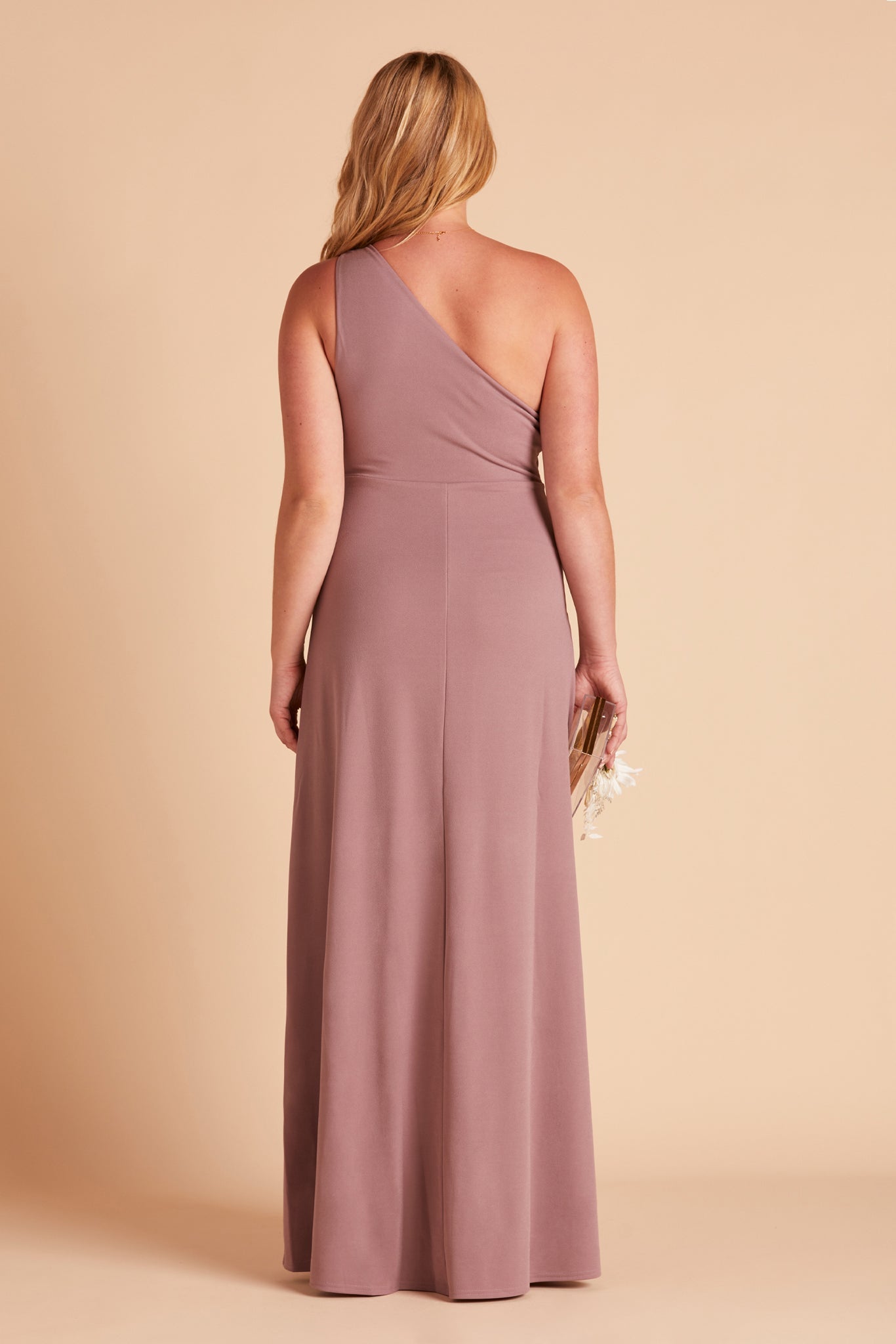 Kira plus size bridesmaid dress with slit in dark mauve crepe by Birdy Grey, back view