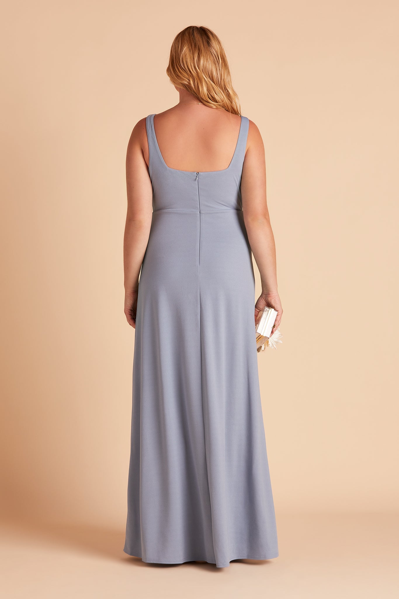 Alex convertible plus size bridesmaid dress with slit in dusty blue crepe by Birdy Grey, back view