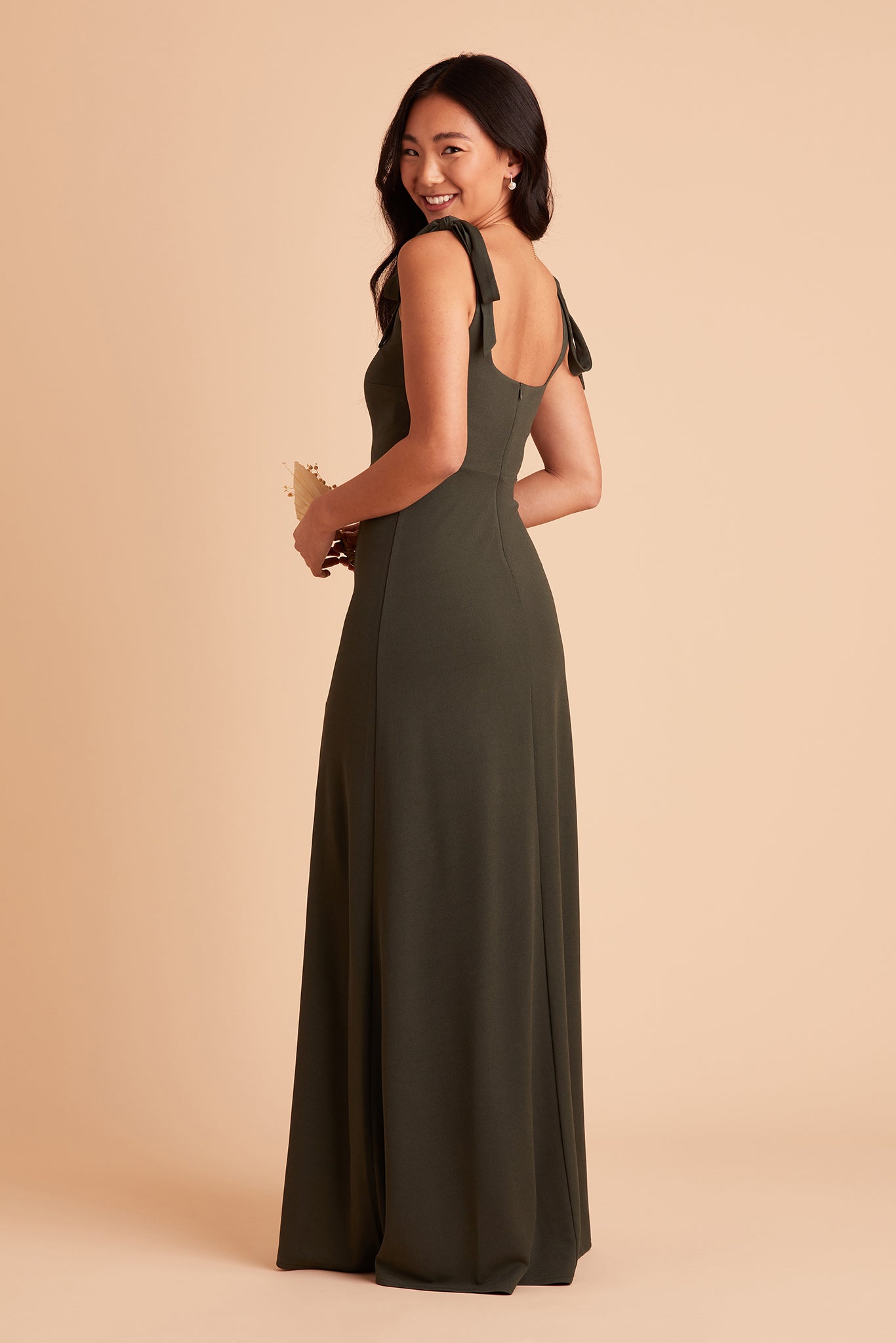 Alex convertible bridesmaid dress with slit in olive crepe by Birdy Grey, side view